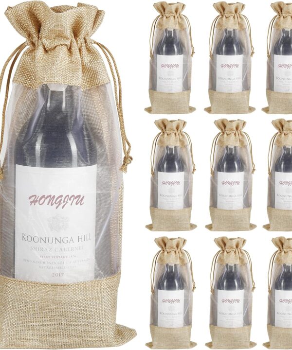 Wine Gift Bags, 10pcs Burlap Jute Bottle Bags 750ml with Sheer Window Organza Hessian Drawstring Pouches for Wedding Festival Wine Tasting Party Favors (14 x 6.3 inches)