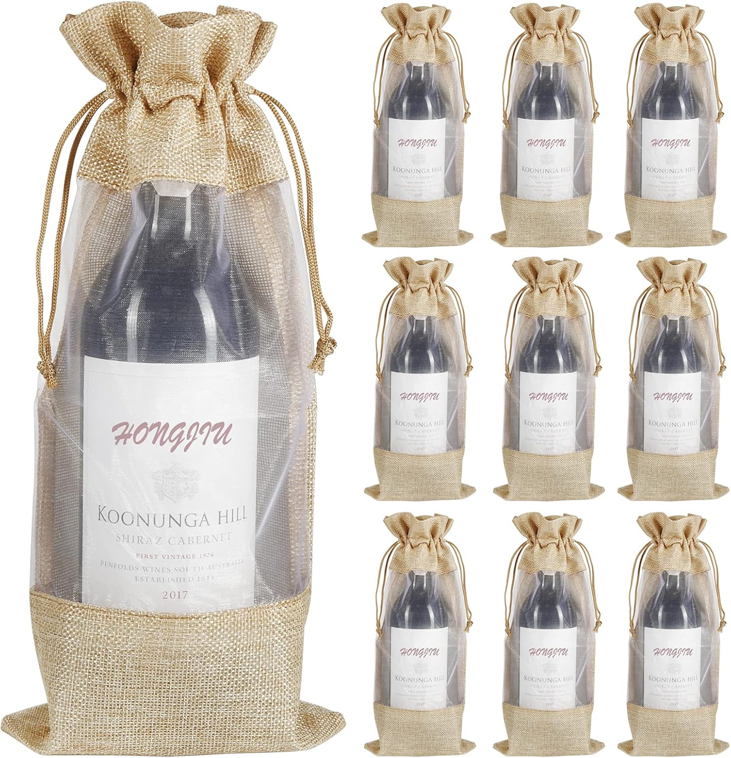 Wine Gift Bags, 10pcs Burlap Jute Bottle Bags 750ml with Sheer Window Organza Hessian Drawstring Pouches for Wedding Festival Wine Tasting Party Favors (14 x 6.3 inches)