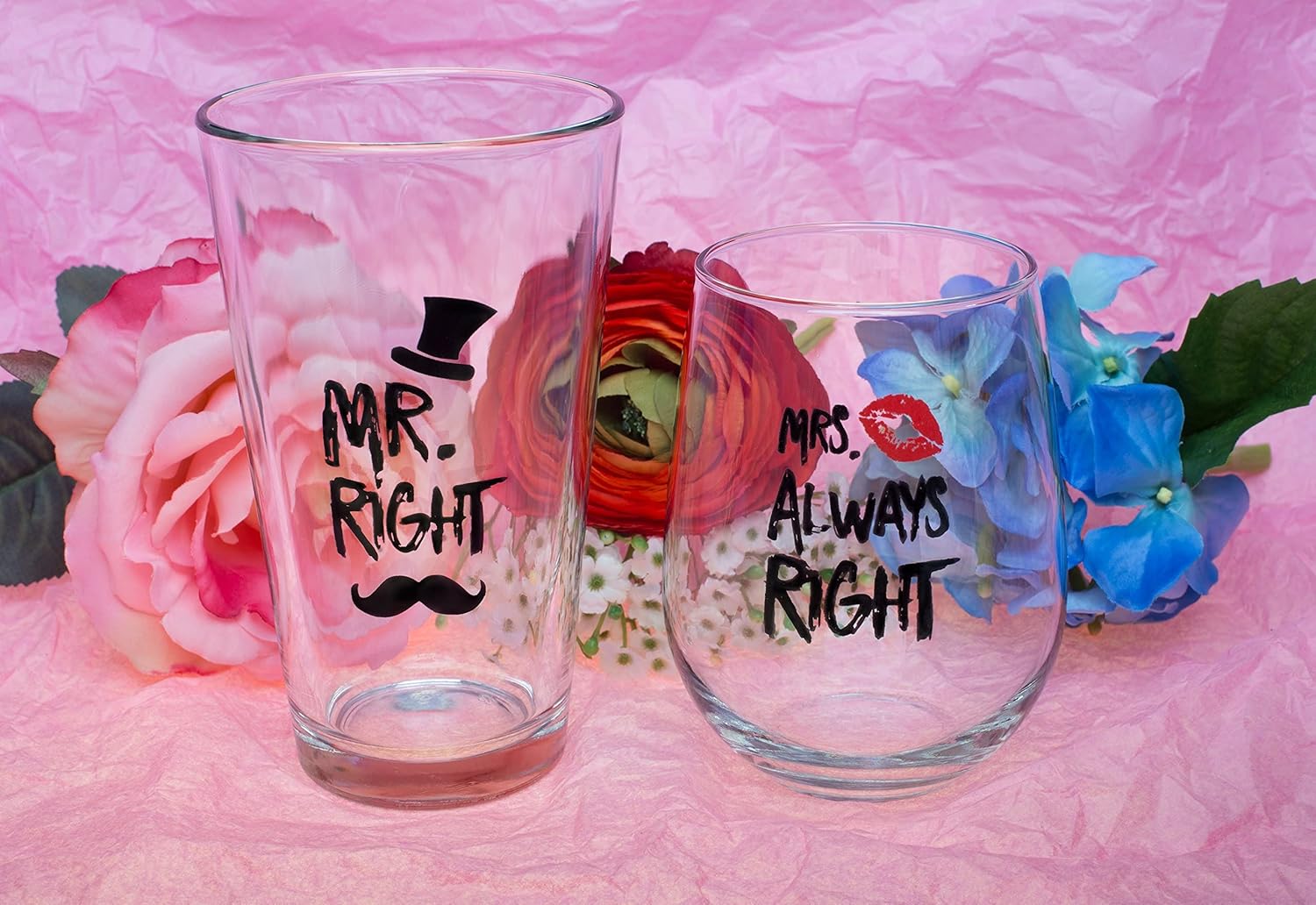 Funny Mr. Right and Mrs. Always Right Novelty Wine Glass and Beer Glass | Includes Fun, Stylish Gift Box | For Weddings, Engagement, Newlywed, Bachelorette, Anniversary, Couples Gifts