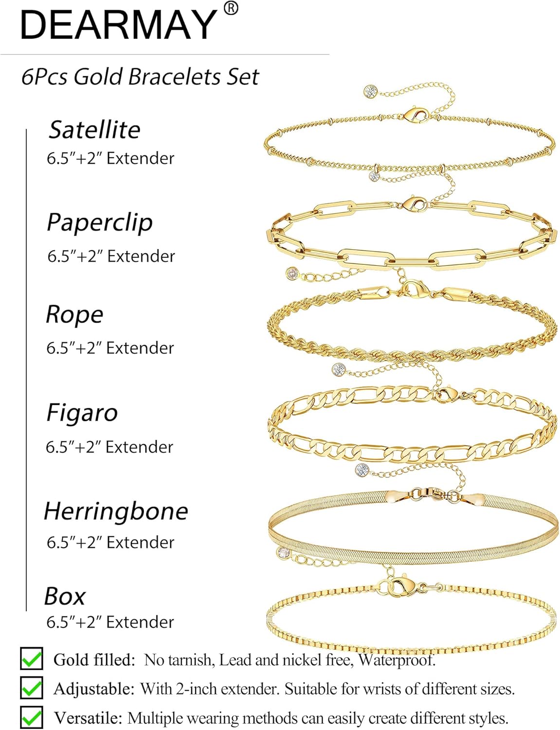 DEARMAY Gold Bracelets for Women Waterproof, 14K Gold Plated Jewelry Sets Trendy Thin Dainty Stackable Cuban Link Paperclip Chain Bracelet Pack Fashion Accessories Gifts for Womens