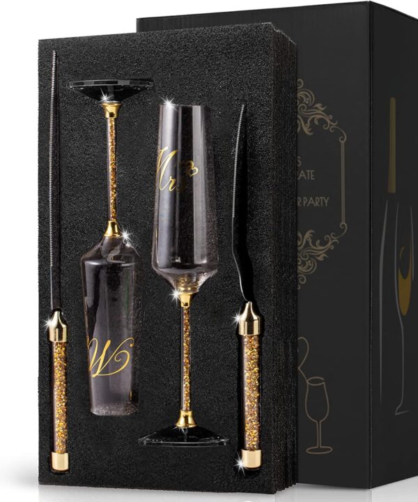 Wedding Cake Knife and Server Set, Champagne Flutes Print Mr and Mrs for Bride and Groom Toasting Glasses Wedding Bridal Shower Gifts