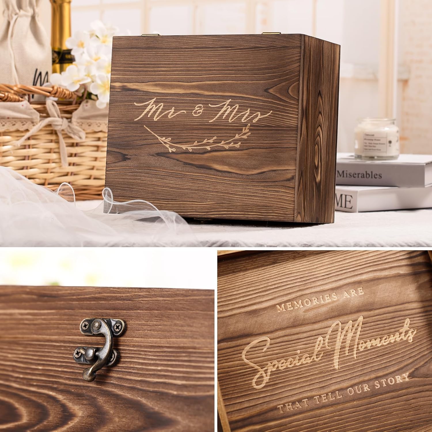 Wedding Gifts Mr and Mrs Wine Glasses, Bridal Shower Engagement Gifts for Couples,Wedding Glasses for Bride and Groom, Memory Keepsake Box, Wine Bag, Greeting Card