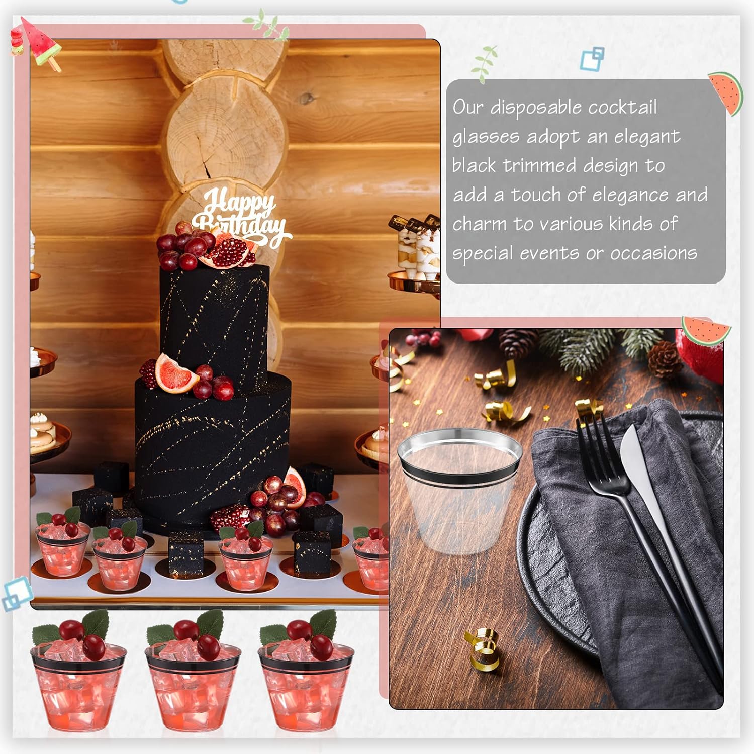 Skylety 100 Pcs Plastic Wine Cups 9 oz Disposable Clear Drinking Cup Wine Glasses Wedding Drinking Tumblers Plastic Cocktail Glasses for Halloween Christmas Graduation Birthday Bridal Party(Black)