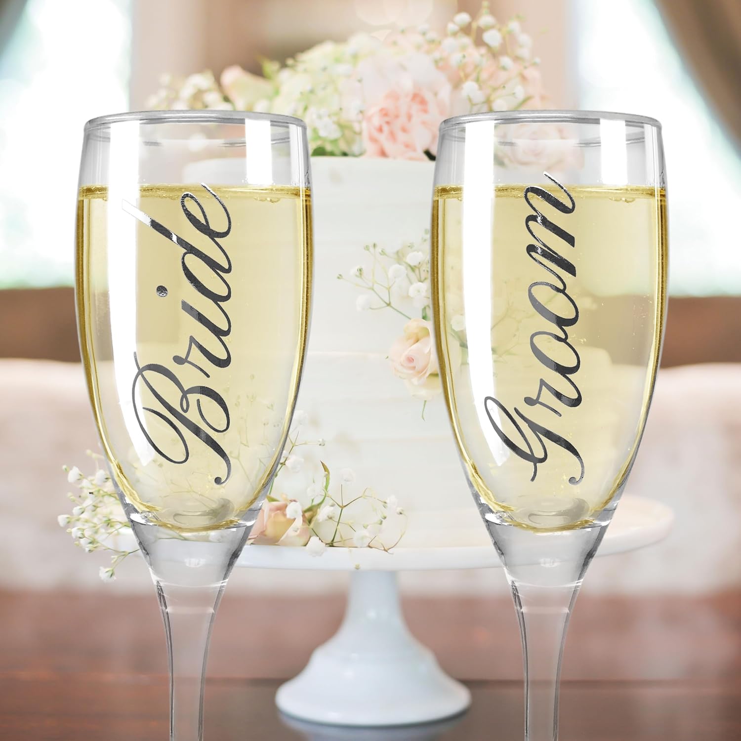 BANBERRY DESIGNS Bride and Groom Champagne Glasses Set of 2 Elegant Toasting Flutes Silver Wedding Champagne Set Wedding Glasses 6 oz