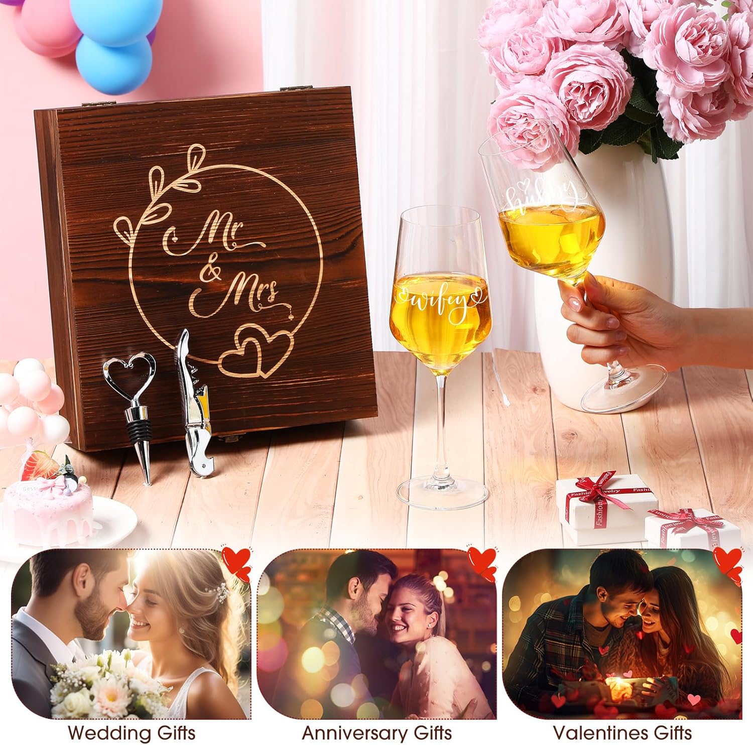 LemonRoad Wedding Gift Newlyweds Champagne Flute Set of 2 Bridal Shower Champagne Glasses Wine Opener Wine Stopper with Engraved Wooden Keepsake Box Engagement Gift for Couples (Hubby & Wifey)