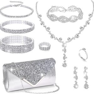 10Pcs Silvery Rhinestone Jewelry Set for Women Bride Wedding Prom Jewelry Evening Rhinestone Sparkly Clutch Purse Bag Necklace Tennise Layered Bracelets CZ Ring Crystal Drop Earring Set Silvery Shiny Costume Kit