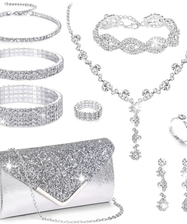 10Pcs Silvery Rhinestone Jewelry Set for Women Bride Wedding Prom Jewelry Evening Rhinestone Sparkly Clutch Purse Bag Necklace Tennise Layered Bracelets CZ Ring Crystal Drop Earring Set Silvery Shiny Costume Kit
