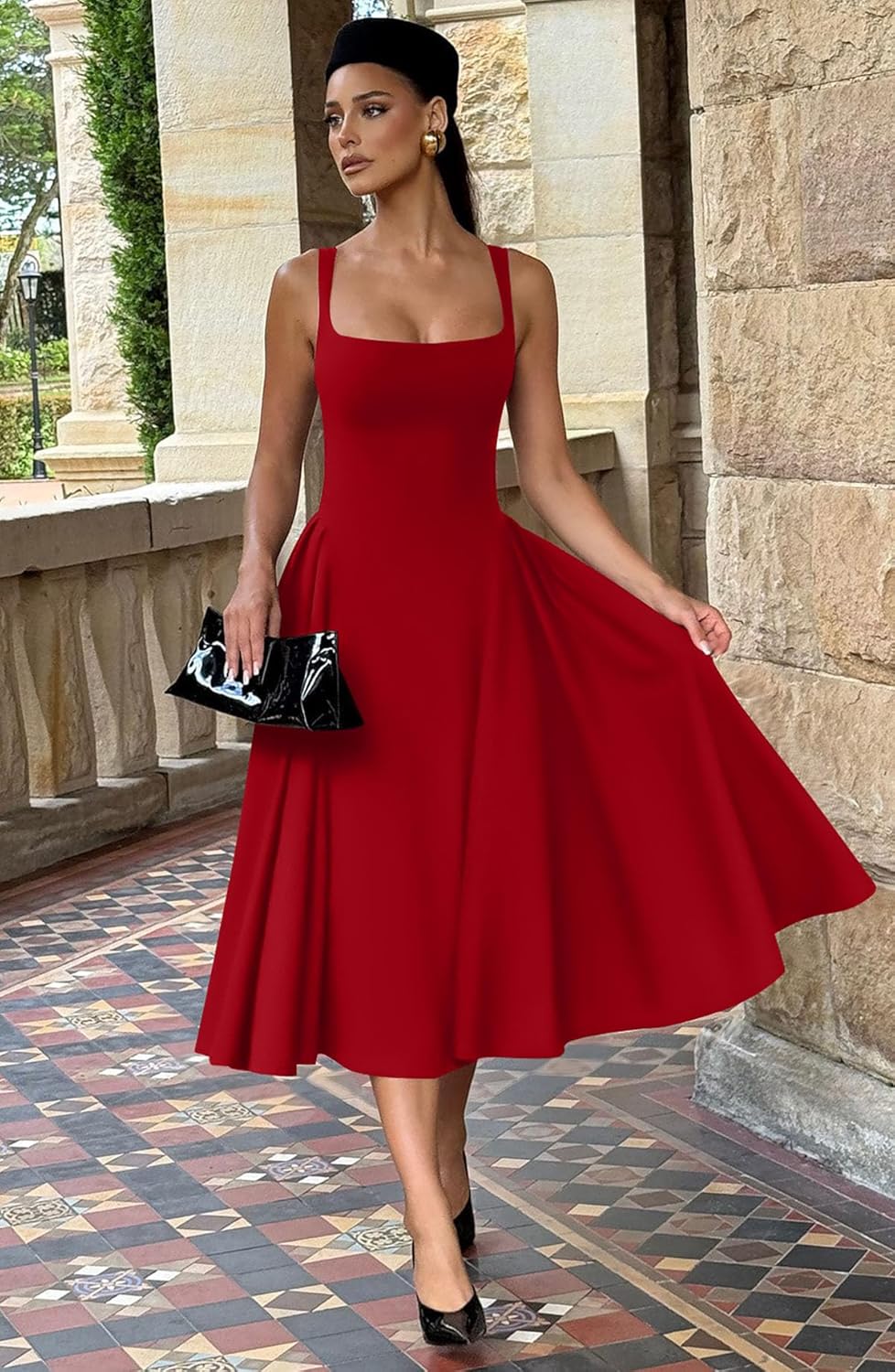 Memoriesea Women’s Elegant Square Neck Swing A Line Wedding Evening Party Midi Dress