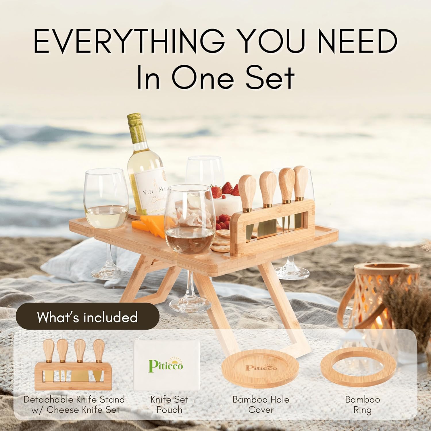 Charcuterie Picnic Table, Portable Wine Charcuterie Table, Outdoor Portable Wine Table, Cheese Lover Gift, Includes 4 Cheese Knives (Gold) and Detachable Cheese Knife Stand