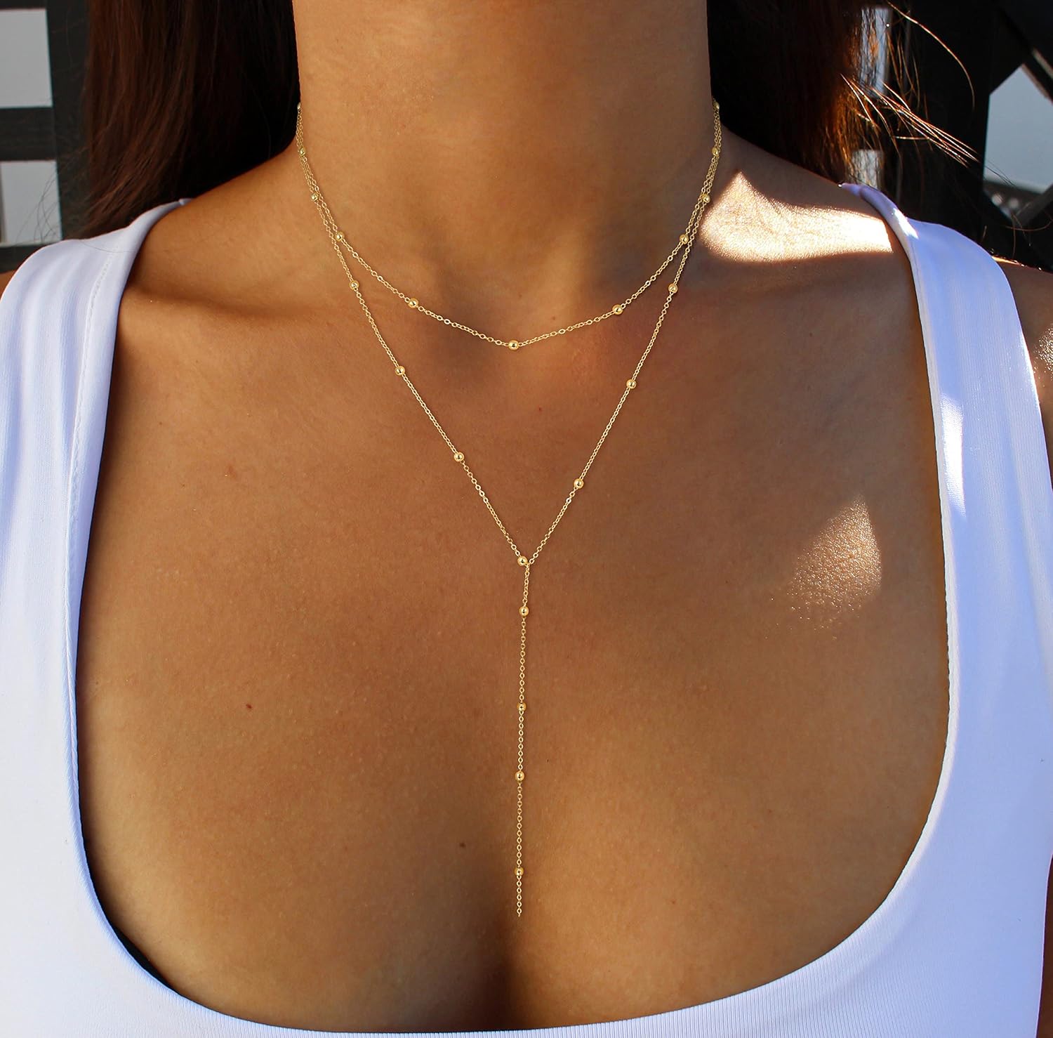 Foxgirl Lariat Gold Necklace for Women, Dainty Long Necklace 14k Gold Plated/Silver Y-Shaped Pendant Necklace Trendy Layered Cz Beaded Chain Drop Necklaces Simple Gold Jewelry For Women Gift