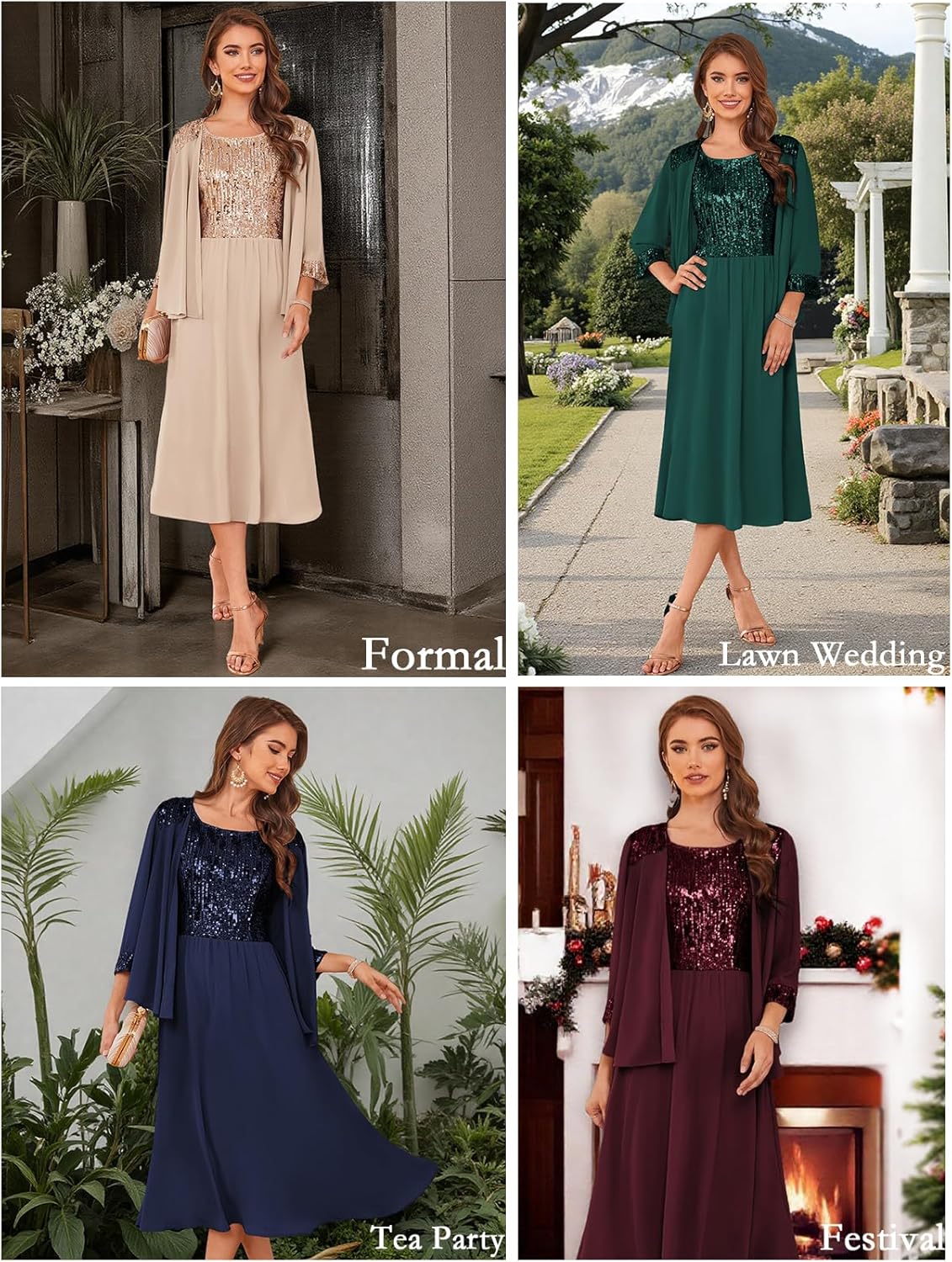 GRACE KARIN Wedding Guest Dress Mother of The Bride Dresses Two Piece Formal Sequin Dress with Jacket Tea Length 2025