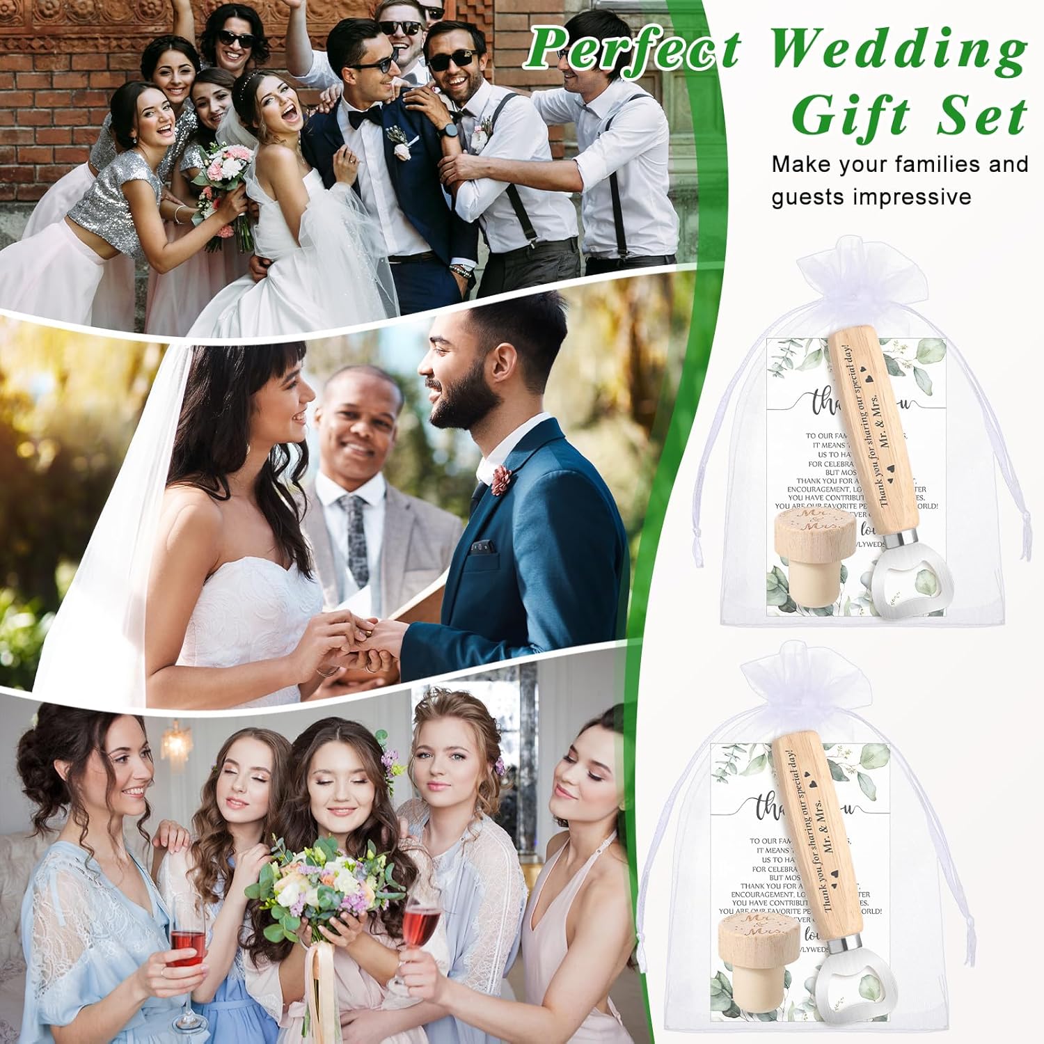 Barydat 36 Sets Wedding Favors for Guests Mr and Mrs Wooden Wine Stopper Cork Beer Bottle Opener with Thank You Gift Card Organza Bag Wedding Gifts for Engagement Bridal Shower Party Supplies