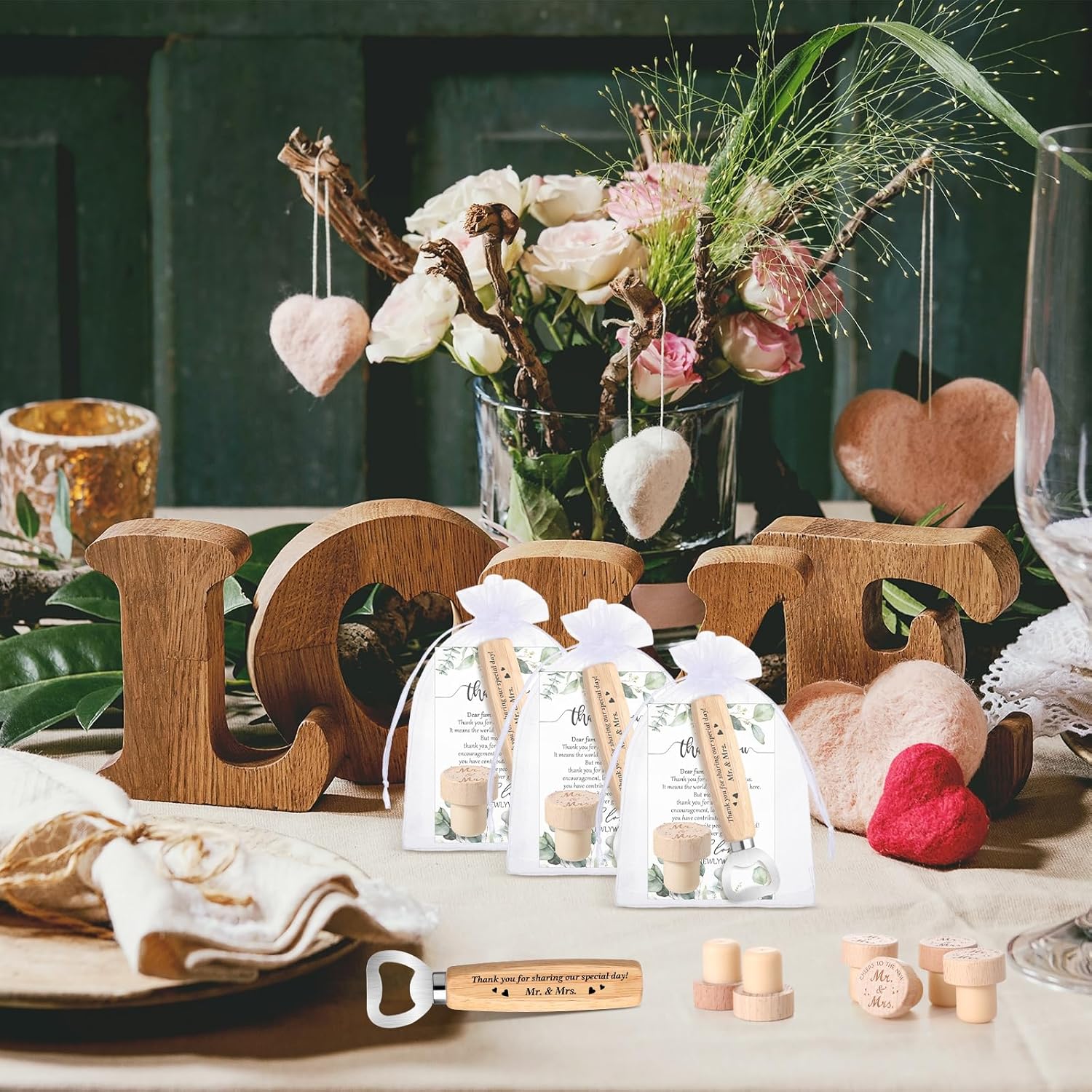 Barydat 36 Sets Wedding Favors for Guests Mr and Mrs Wooden Wine Stopper Cork Beer Bottle Opener with Thank You Gift Card Organza Bag Wedding Gifts for Engagement Bridal Shower Party Supplies