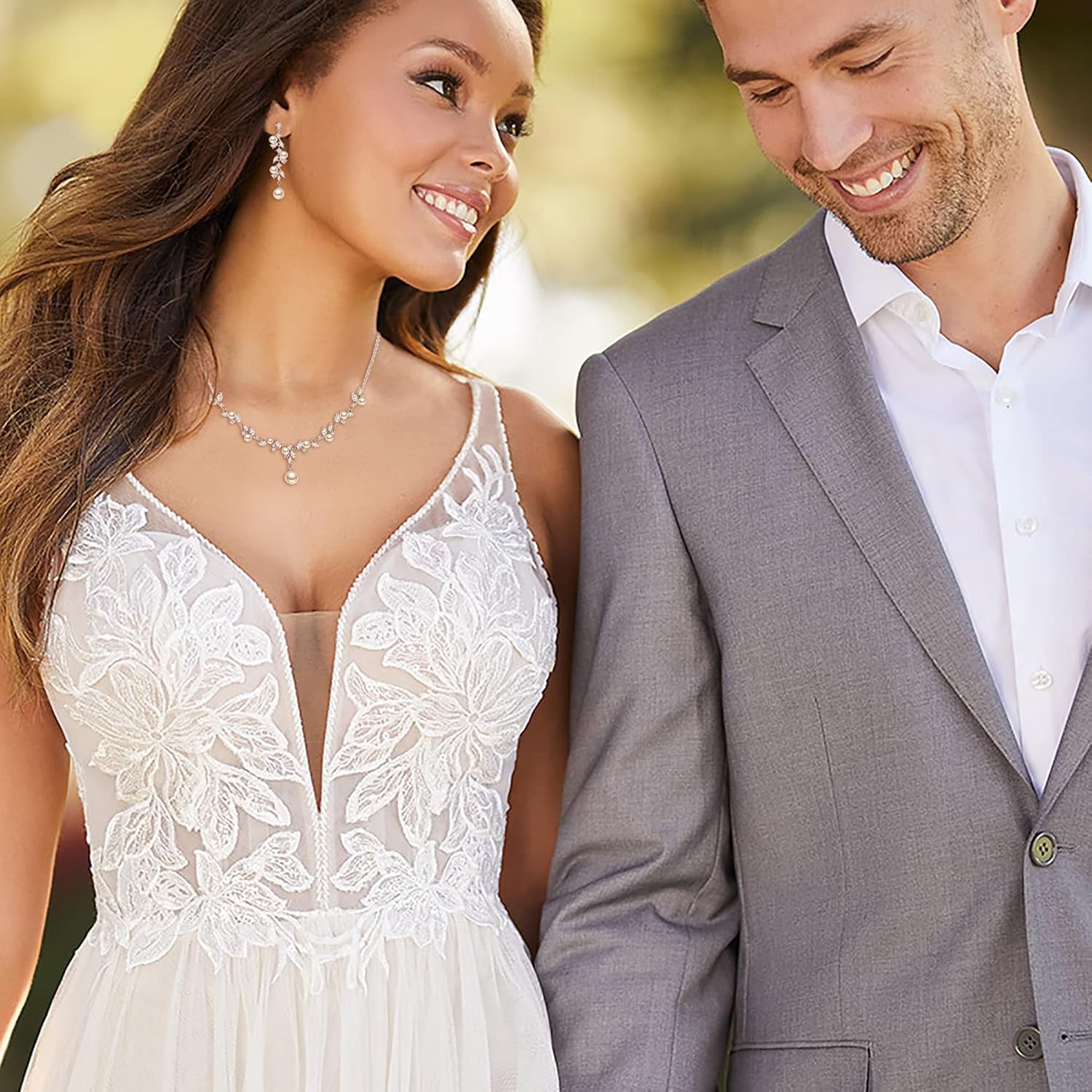 EleQueen Women’s Simulated Pearl Wedding Jewelry Set, Cubic Zirconia Marquise Floral Bridal Necklace Earrings Bracelet Sets