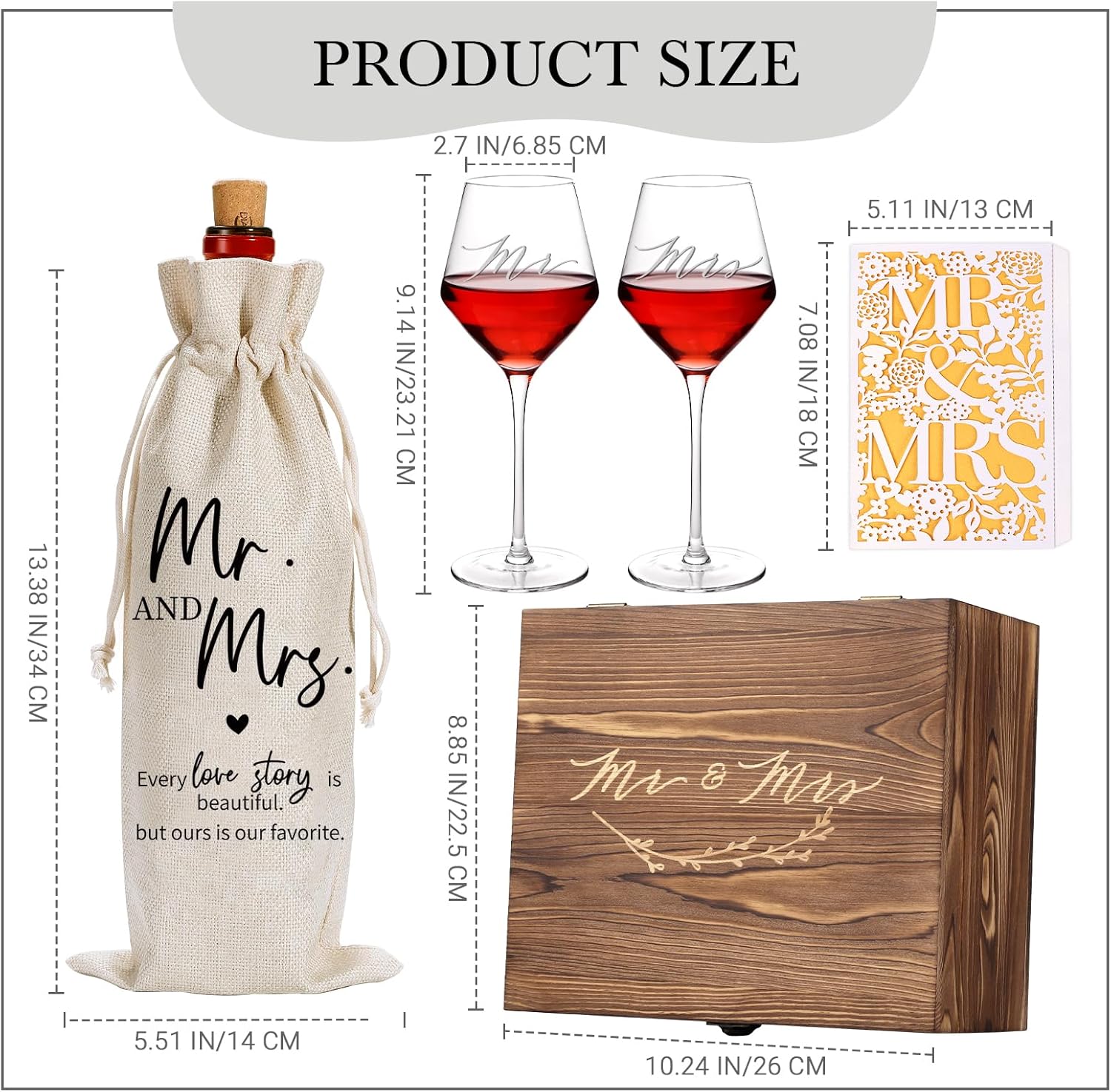 Wedding Gifts Mr and Mrs Wine Glasses, Bridal Shower Engagement Gifts for Couples,Wedding Glasses for Bride and Groom, Memory Keepsake Box, Wine Bag, Greeting Card