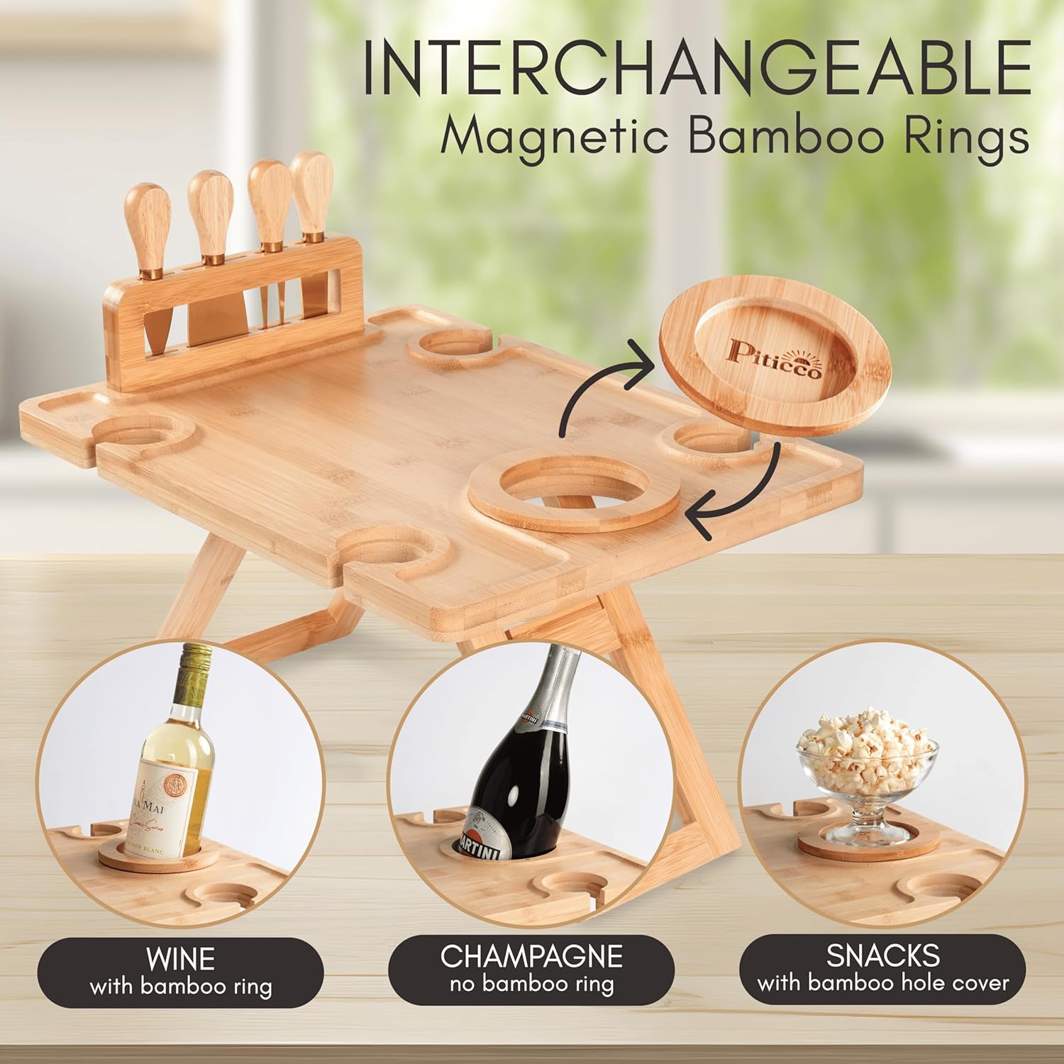 Charcuterie Picnic Table, Portable Wine Charcuterie Table, Outdoor Portable Wine Table, Cheese Lover Gift, Includes 4 Cheese Knives (Gold) and Detachable Cheese Knife Stand