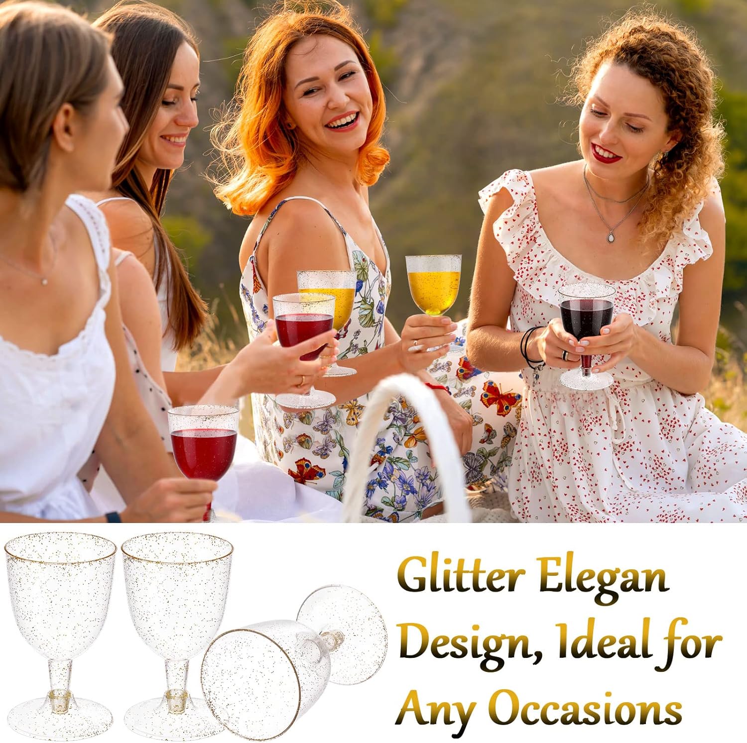 meekoo 50 Pcs 5.7oz / 170ml Disposable Plastic Wine Glasses, Gold Glitter Champagne Goblets Cocktail Cups for Weddings Birthday Bridal Shower Halloween Thanksgiving Christmas Party Outdoor Gatherings