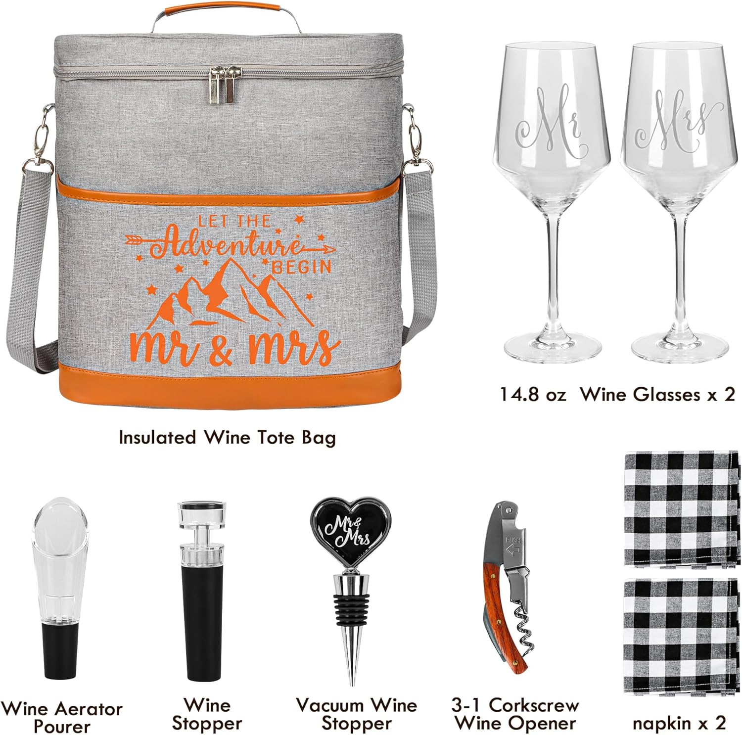 Engagement Gifts for Couples, Wedding Gifts Mr. and Mrs. Gifts Bridal Shower Gifts for Bride Groom, Anniversary Valentines Day Gift, Insulated Wine Cooler Tote Bag with Glasses Accessories