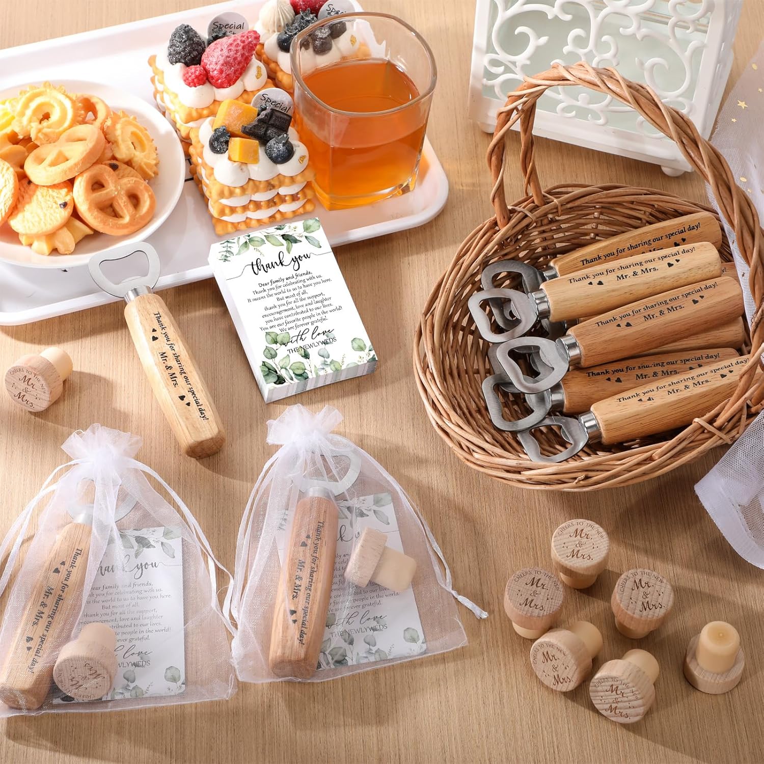 Barydat 36 Sets Wedding Favors for Guests Mr and Mrs Wooden Wine Stopper Cork Beer Bottle Opener with Thank You Gift Card Organza Bag Wedding Gifts for Engagement Bridal Shower Party Supplies