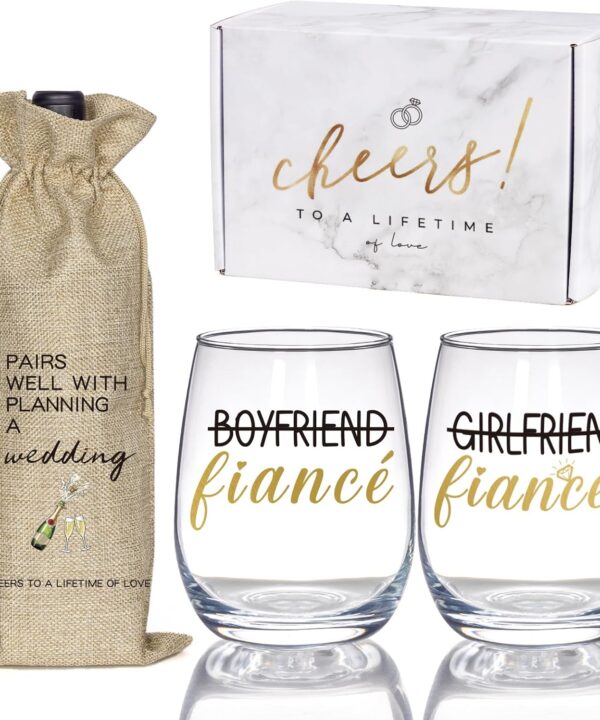 Engagement Gifts for Couples, Newly Engaged Wine Glass and Bag Set, Fiance Gifts for Women Her Girlfriend, Just Engaged Decorations for Engagement Wedding Party