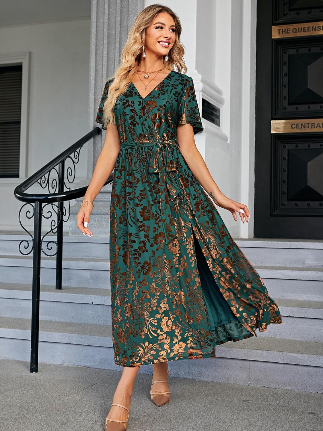 BerryGo Women’s Velvet V Neck Wrap Semi Formal Dress Cocktail Party Maxi Dress for Wedding Guest