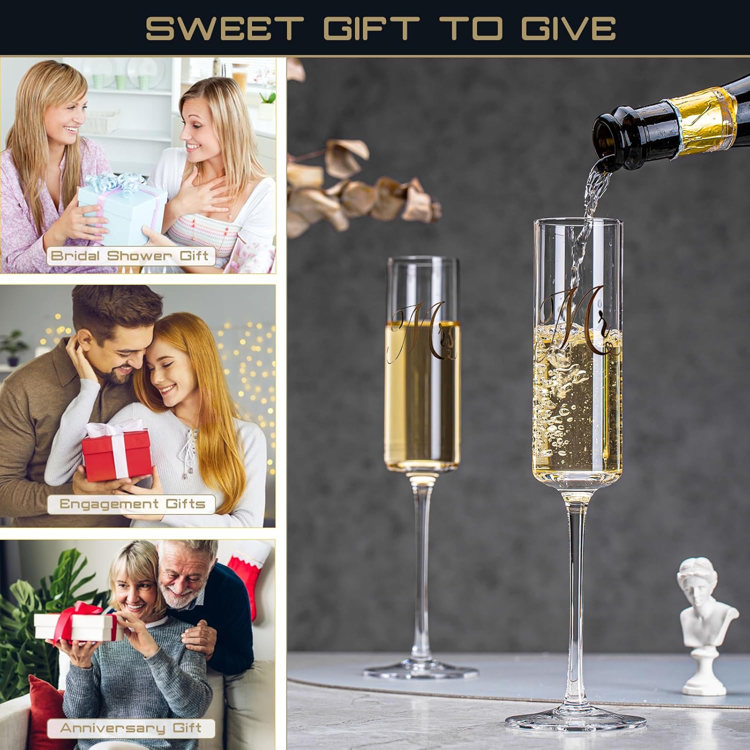 Wedding Gifts for Bride and Groom, Mr and Mrs Champagne Flutes, Bridal Shower Gifts, Engagement Gift, Wedding Toasting Glasses with Cake Cutting Set for Wedding Anniversary Engagement