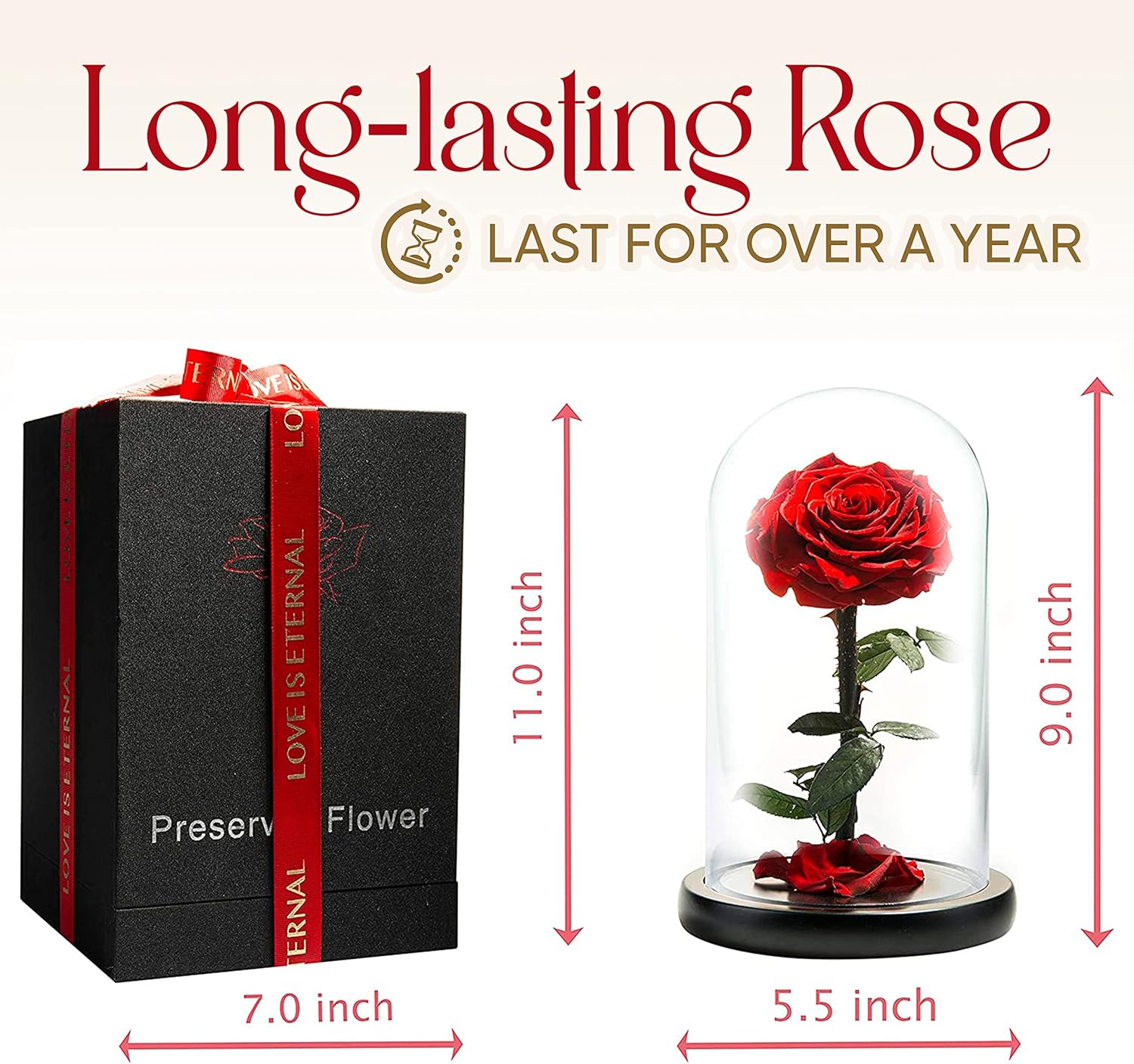 Forever Preserved Rose – Eternal Rose in Glass Dome – Beauty and The Beast Rose for Mom – Fresh Flowers in Glass (Red, 9 Inch)