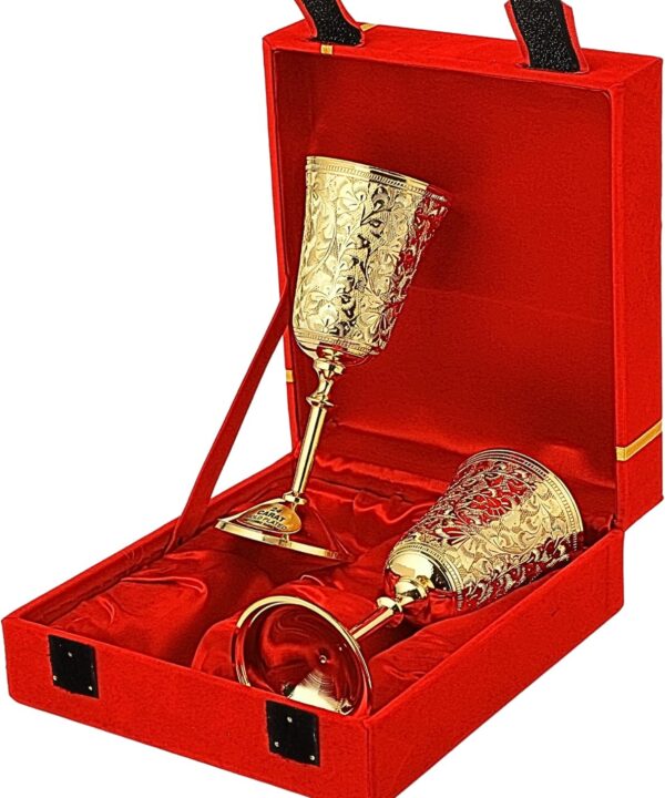 24K Gold Plated Chalice Goblets, Engraved Wedding Champagne Flute for Bride & Groom Toasting Brass Wine Glass Metal Cup Set of 2, Vintage Gift For Marriage Anniversary, Engagement Couple, Clients