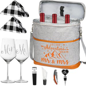 Engagement Gifts for Couples, Wedding Gifts Mr. and Mrs. Gifts Bridal Shower Gifts for Bride Groom, Anniversary Valentines Day Gift, Insulated Wine Cooler Tote Bag with Glasses Accessories