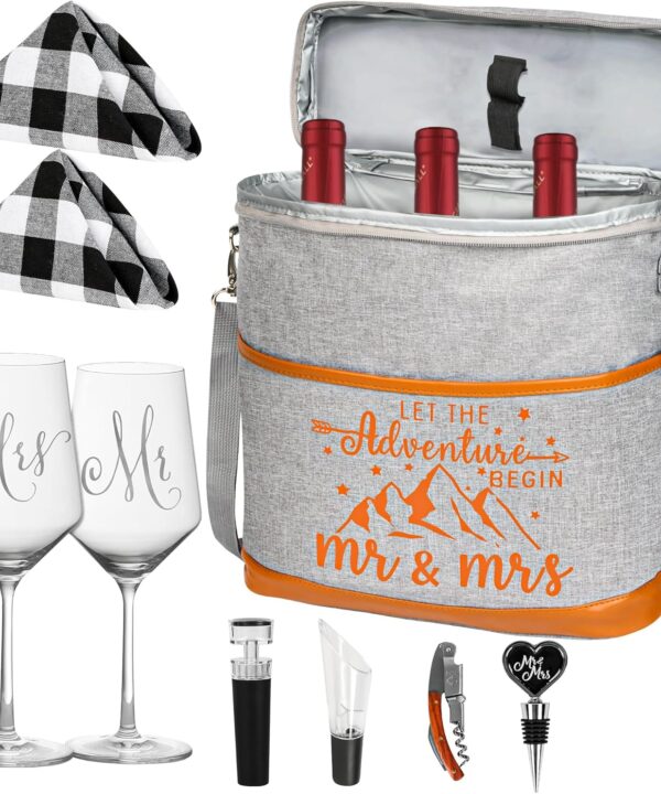 Engagement Gifts for Couples, Wedding Gifts Mr. and Mrs. Gifts Bridal Shower Gifts for Bride Groom, Anniversary Valentines Day Gift, Insulated Wine Cooler Tote Bag with Glasses Accessories
