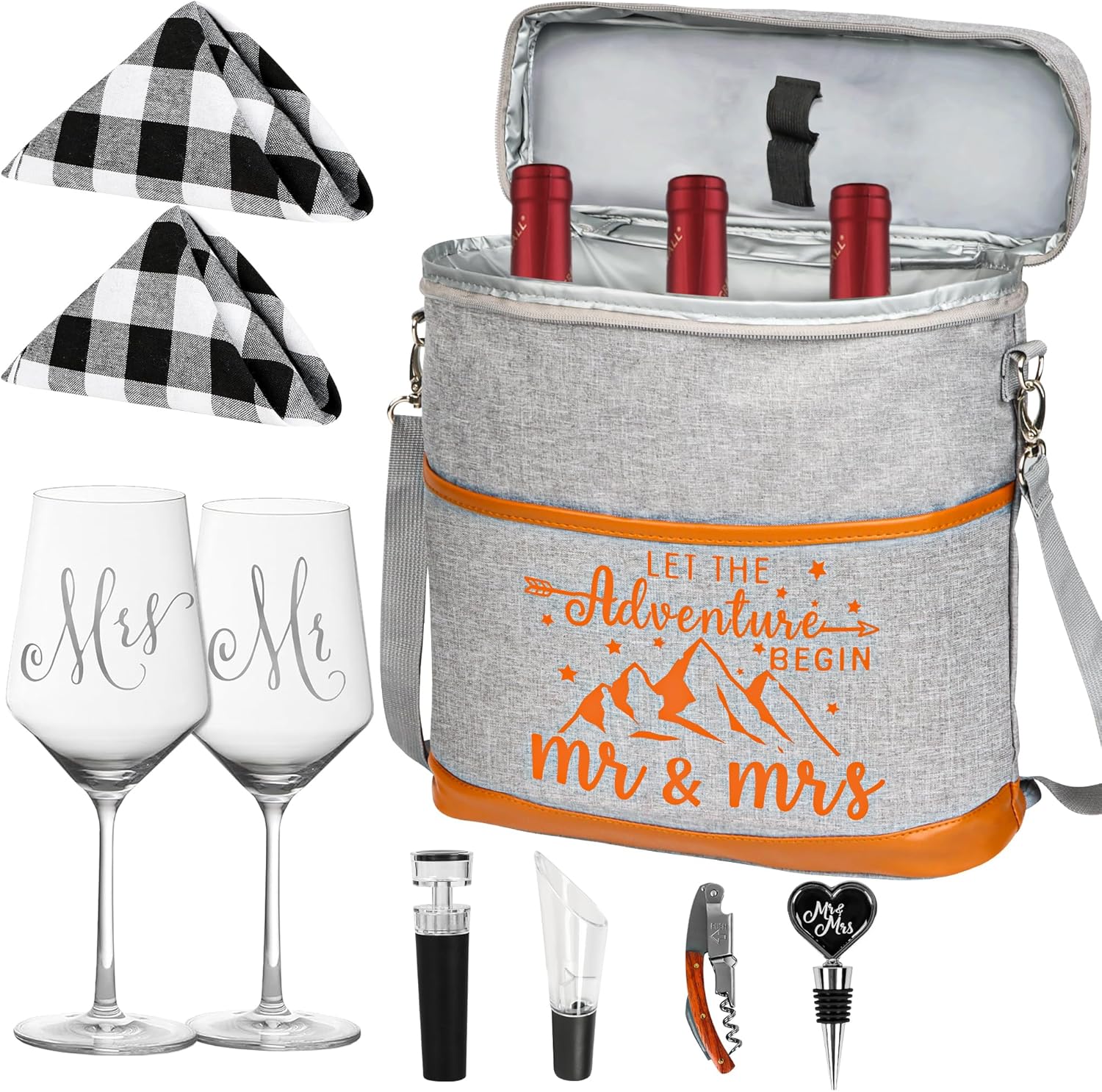 Engagement Gifts for Couples, Wedding Gifts Mr. and Mrs. Gifts Bridal Shower Gifts for Bride Groom, Anniversary Valentines Day Gift, Insulated Wine Cooler Tote Bag with Glasses Accessories
