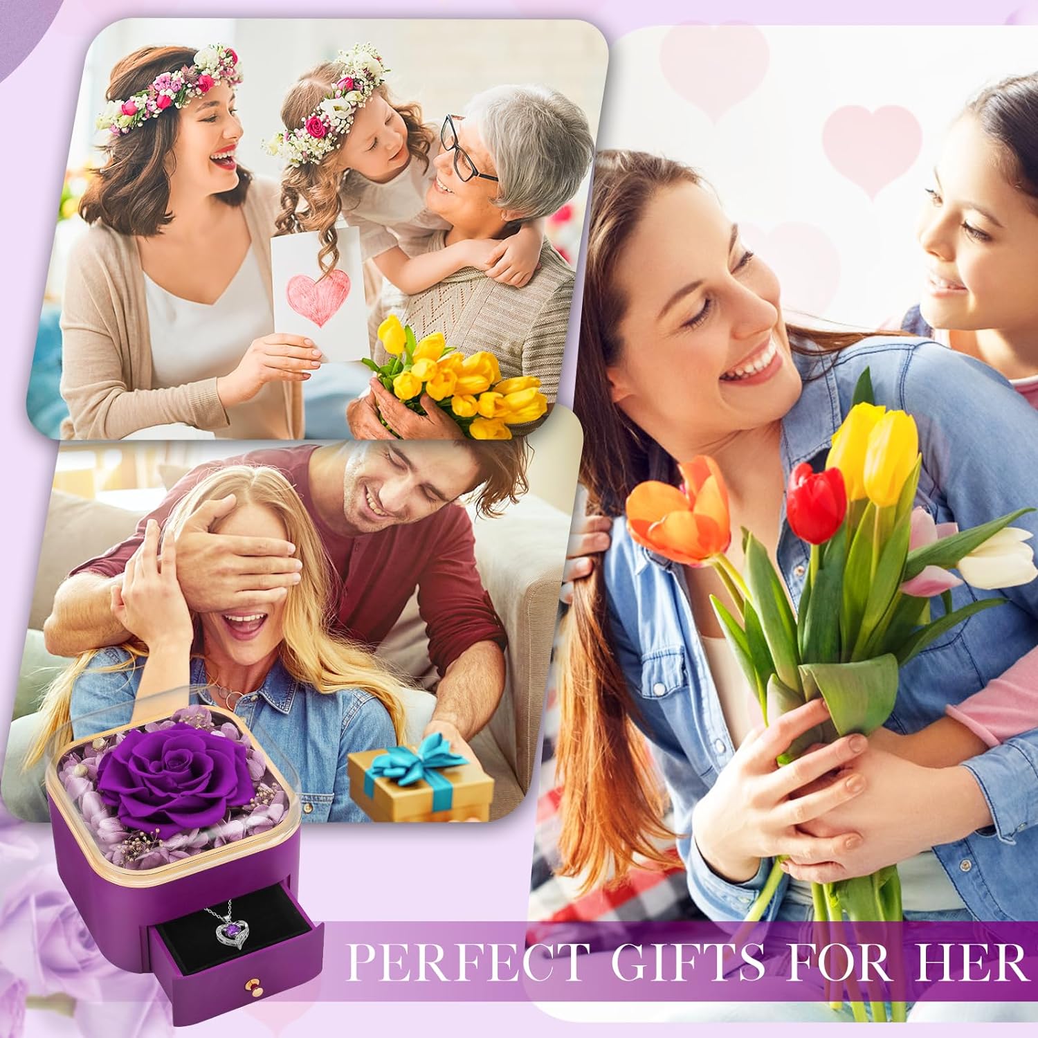 Beferr Gifts for Women Mom Preserved Rose Forever Flower with Necklace Fresh Flowers for Delivery Prime Birthday Gifts for Wife Sister Grandma Christmas Anniversary Eternal Purple Roses