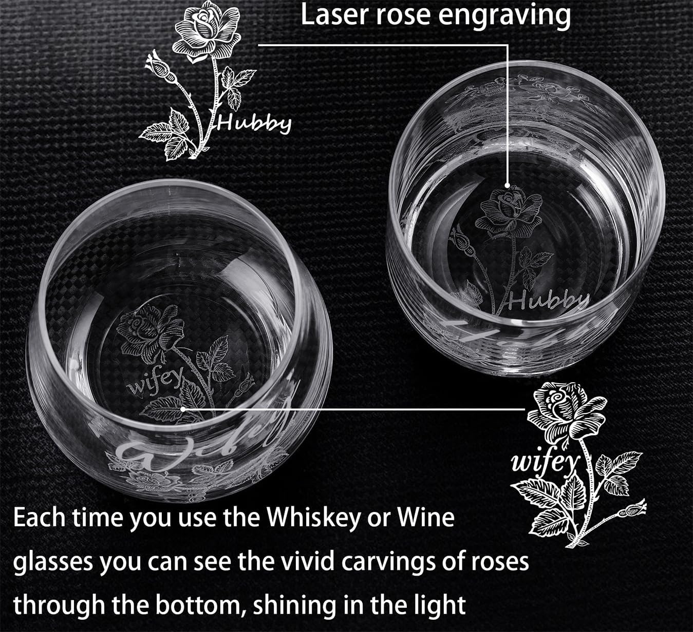 Laser engraving Wedding Gifts for Couples His and Hers Whiskey & Wine Glasses with Glass Ornament | Perfect Bridal Shower, Engagement Gifts for Hubby and Wifey