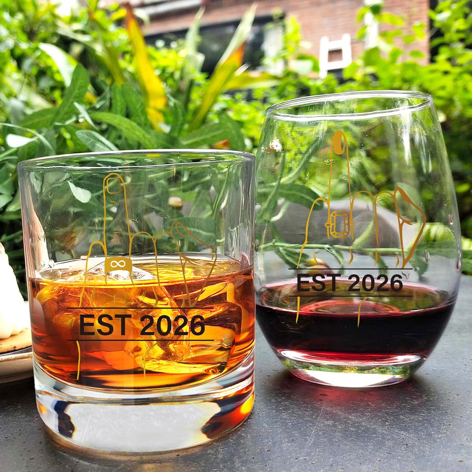 Ring Finger Wine Glass Set for Bride Groom – His & Hers Mr and Mrs Toasting Cups with Ring Design, Funny Wedding Gift for Couples Engagement Bridal Shower Anniversary – 305