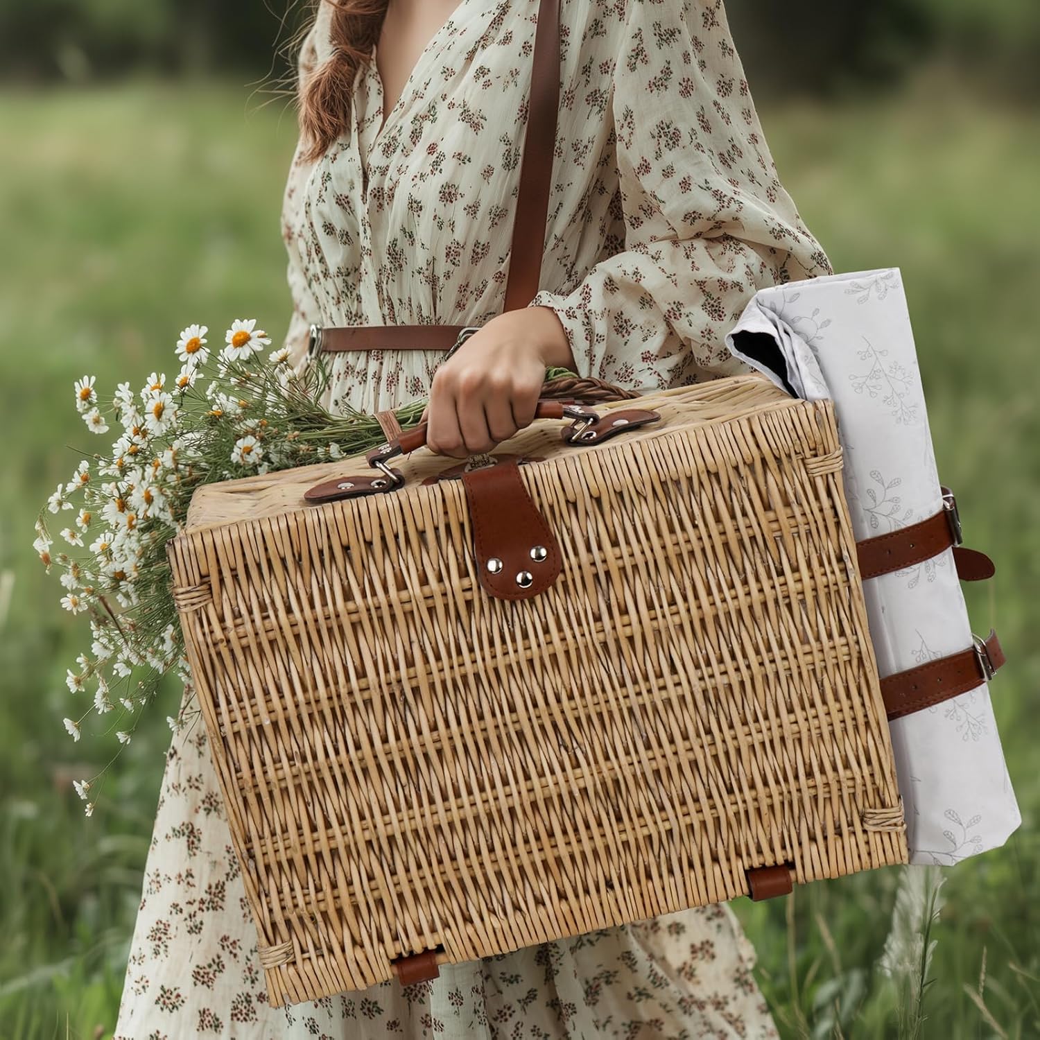 Picnic Basket for 2, Bridal Shower Gift Wedding Gifts with Mr Mrs Wine Glasses and Greeting Card, Engagement Newly Weeding Gifts for Couples 2025, Wicker Picnic Set Kit with Blanket Cooler for Beach