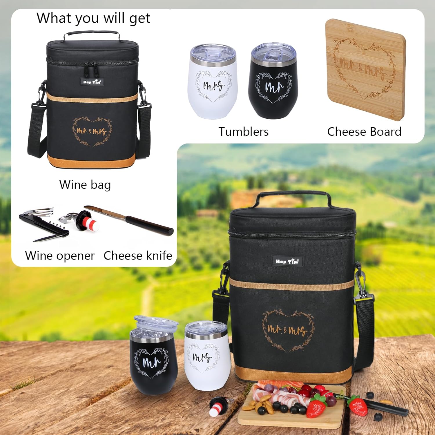 Hap Tim Wedding Gifts for Couples, Bridal Shower Gifts, Engagement Gifts for Newlyweds, Mr and Mrs gifts – Wine Cooler Bag Insulated Wine Carrier Tote with Tumblers, Bamboo Cheese Borad