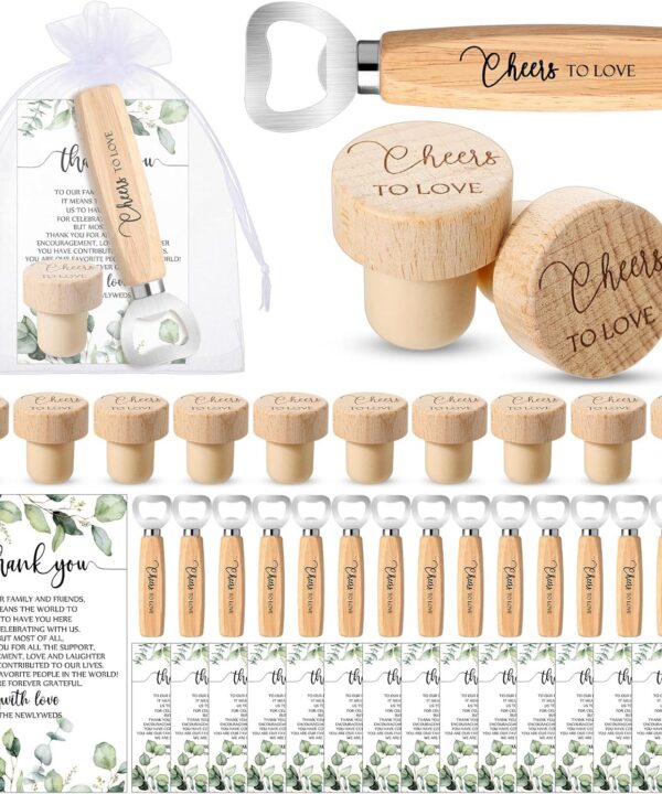 Barydat 36 Sets Wedding Favors for Guests Bulk Engraved Wood Wine Corks Beer Bottle Openers with Wedding Thank You Cards Organza Bags Cheers to Love Appreciation Gifts Bridal Shower Souvenirs