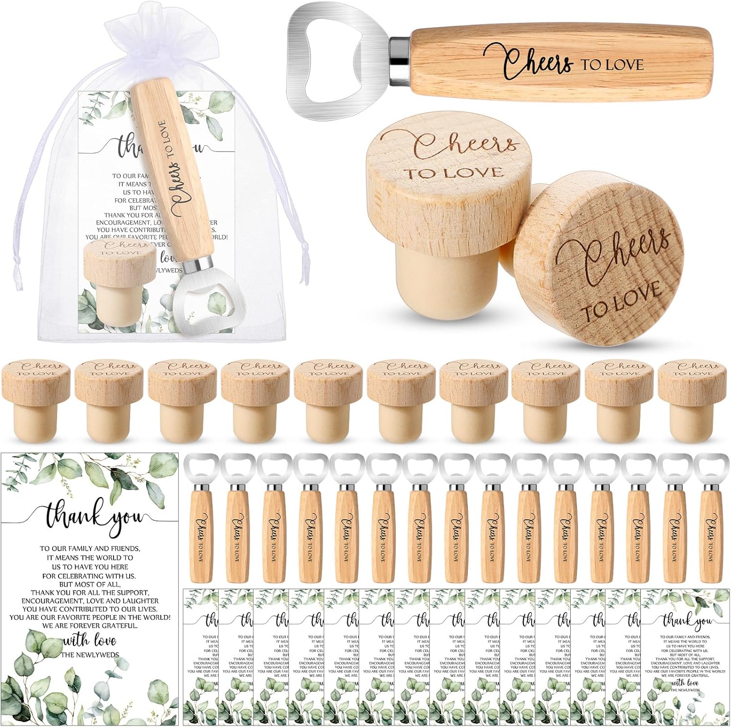 Barydat 36 Sets Wedding Favors for Guests Bulk Engraved Wood Wine Corks Beer Bottle Openers with Wedding Thank You Cards Organza Bags Cheers to Love Appreciation Gifts Bridal Shower Souvenirs