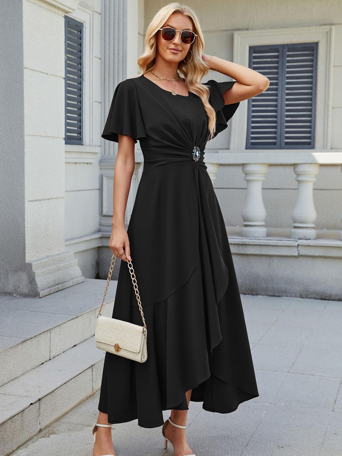 Wedding Guest Dresses for Women Have Pockets Cocktail Dress Ruffle Sleeve A Line Evening Party Formal Dresses for Women