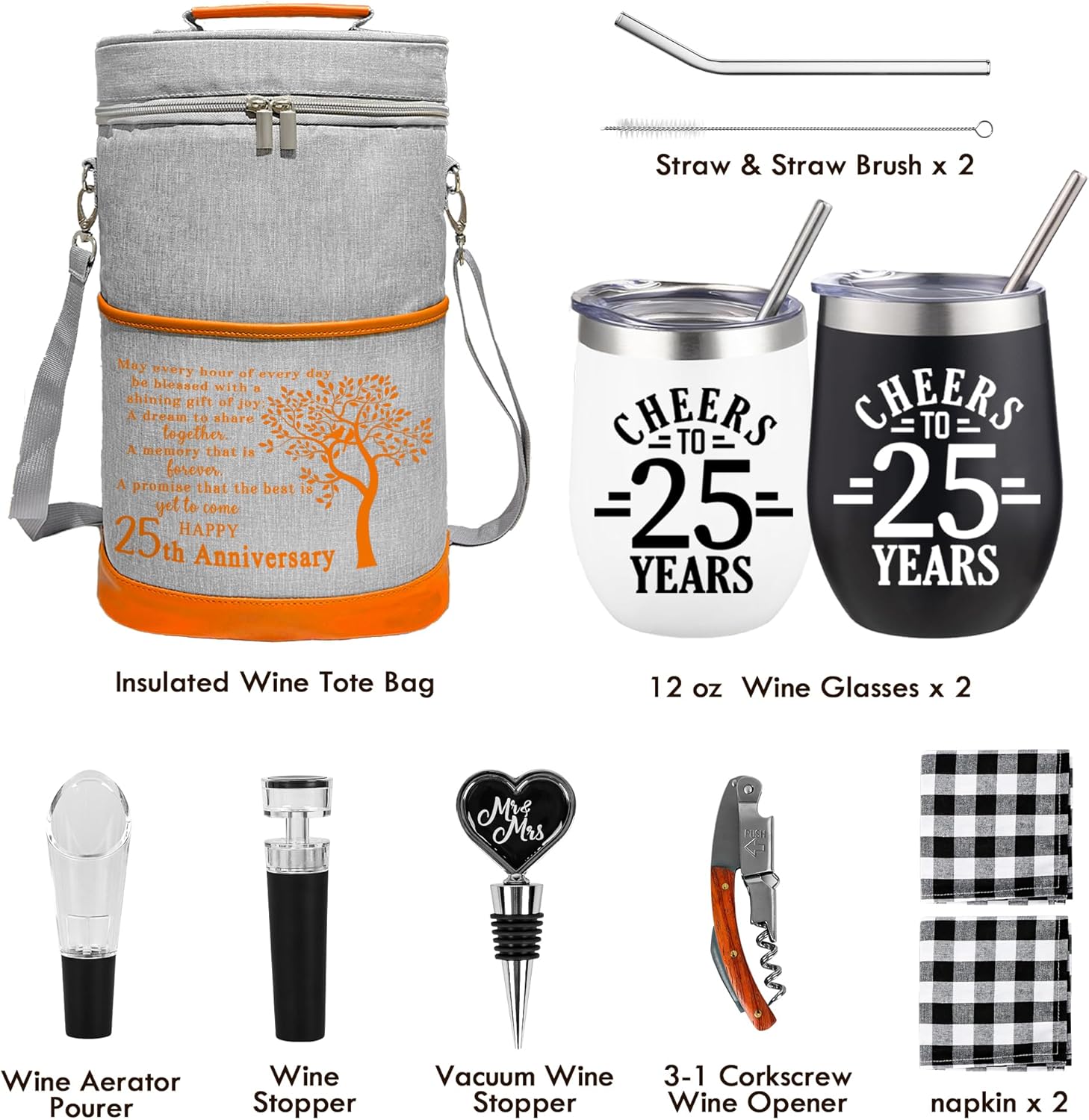 25th Anniversary Wine Cooler Bag Gift for Couples, Wedding Gifts for Parents, Friend, Her, Him, 25 Years Mr. & Mrs Insulated Cooler Tote, Tumbler and Accessories
