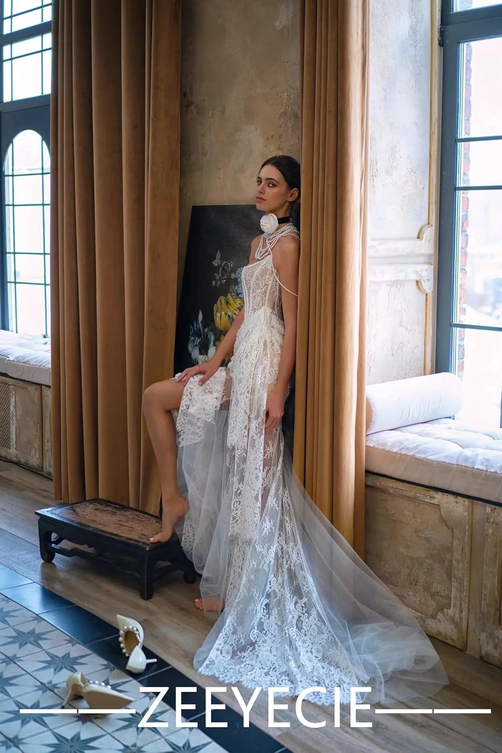 Zeeyecie Strapless Lace Applique Tulle Wedding Dresses 2025 Mermaid Bridal Gowns with Detachable Train for Brides