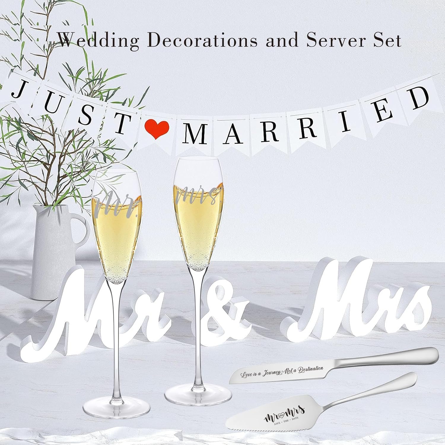 Engraved Mr and Mrs Champagne Flutes Wooden Sign,Wedding Toasting Glasses for Bride and Groom,Cake Knife and Server Set Just Married Banner for Couple Reception Ceremony