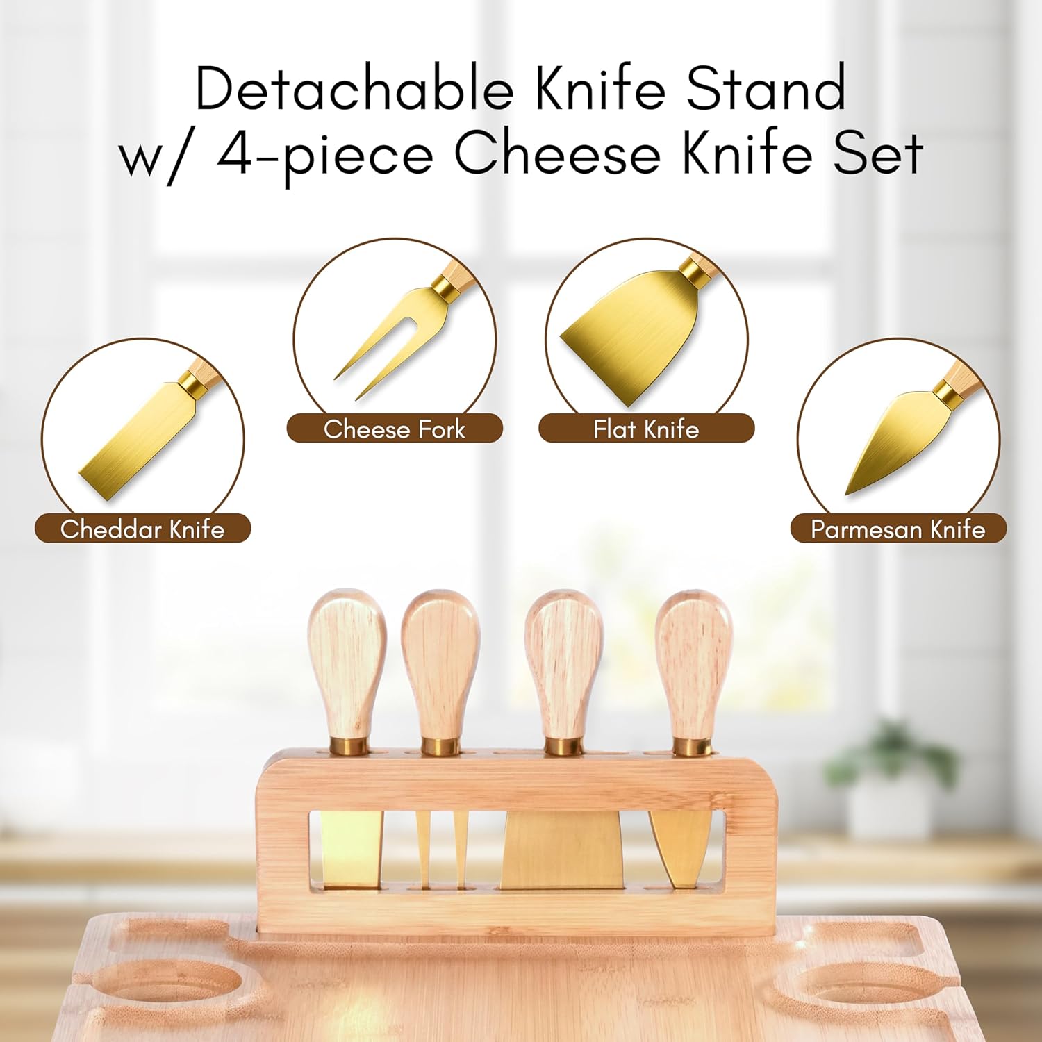 Charcuterie Picnic Table, Portable Wine Charcuterie Table, Outdoor Portable Wine Table, Cheese Lover Gift, Includes 4 Cheese Knives (Gold) and Detachable Cheese Knife Stand