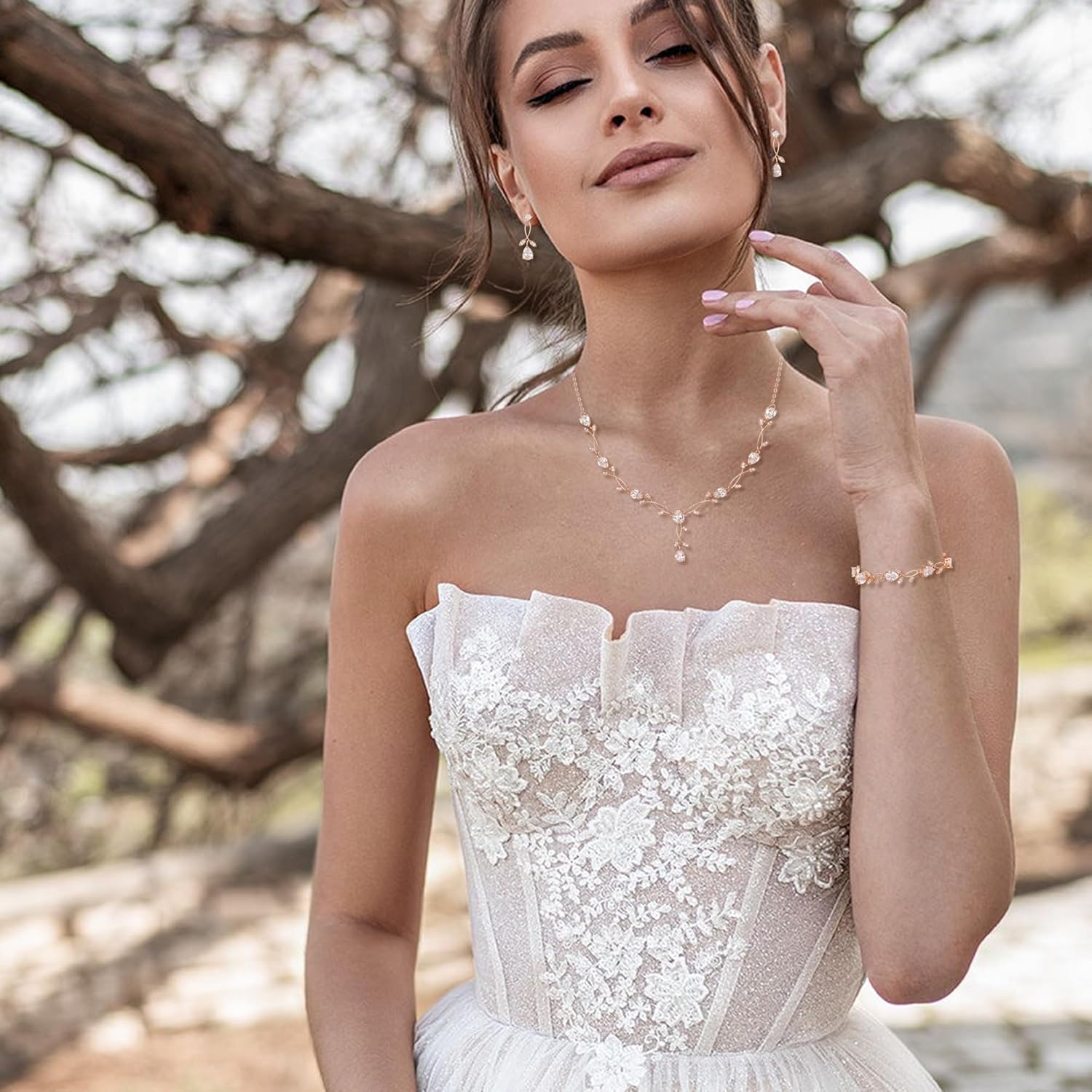 EVER FAITH Bridal Cubic Zirconia Jewelry Sets for Women, White Simulated Pearl Leaf Vine Pendant Wedding Party Necklace Earrings Set for Bridesmaid Bride