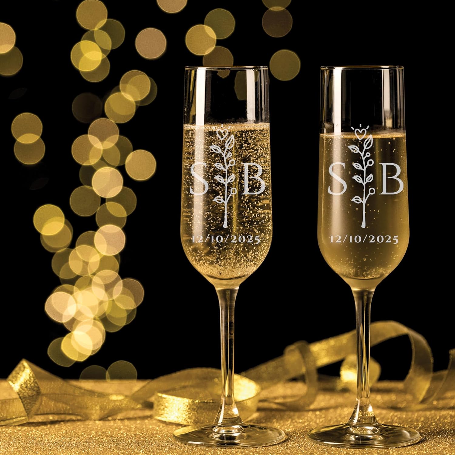 Personalized Wedding Champagne Flutes Set Custom Mr and Mrs Toasting Glasses with Wooden Gift Box Engraved Bride and Groom Glassware for Engagement, Wedding