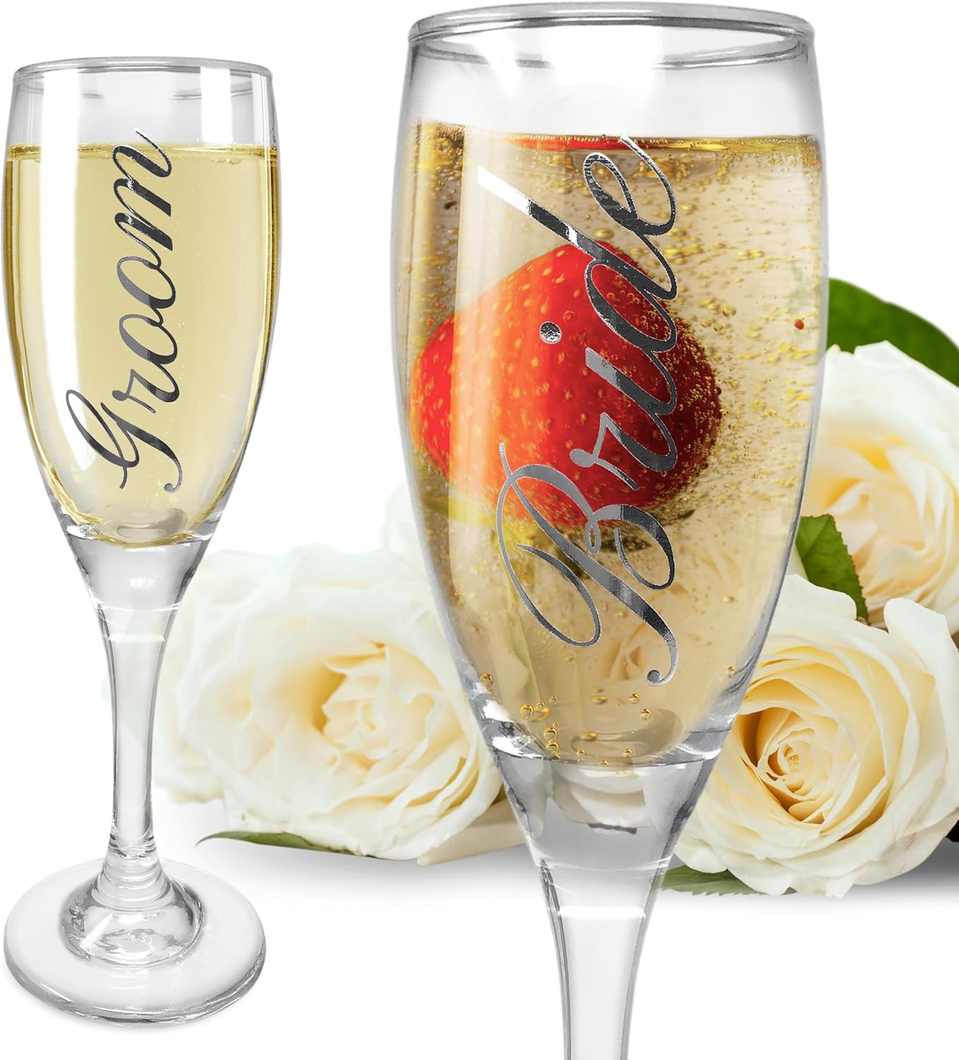BANBERRY DESIGNS Bride and Groom Champagne Glasses Set of 2 Elegant Toasting Flutes Silver Wedding Champagne Set Wedding Glasses 6 oz