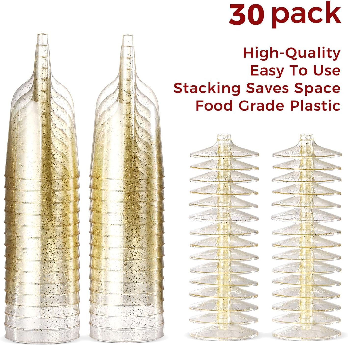 30 Pack 6oz Plastic Wine Glasses Disposable Gold Glitter Mini Stemware with Removable Base for Weddings, Parties, Champagne, Toasting
