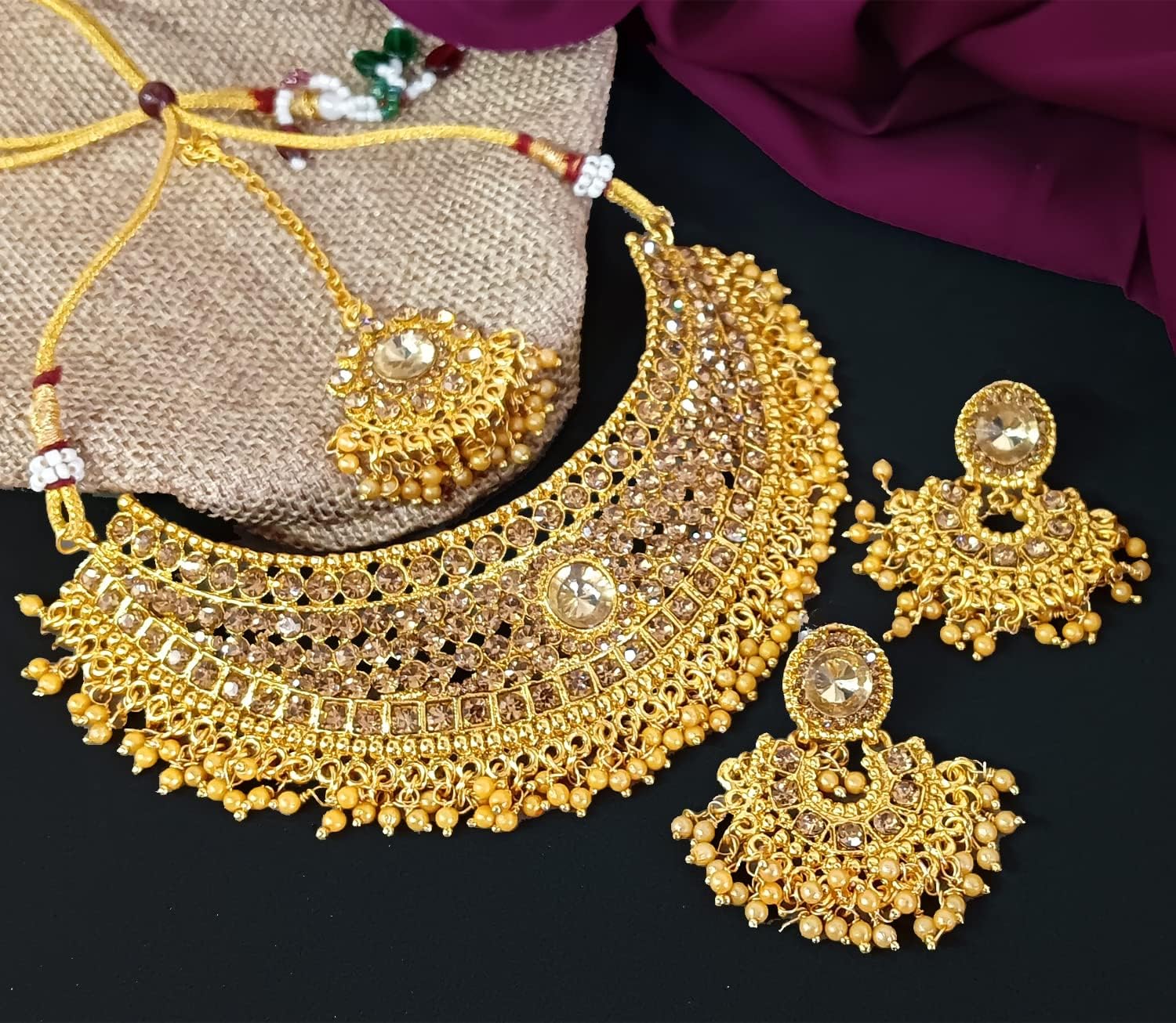 Efulgenz Indian Jewelry Sets for Women Bridal Jewelry Bollywood Traditional Crystal Faux Pearl Wedding Choker Necklace Earrings Maang Tikka Indian Wedding Jewelry