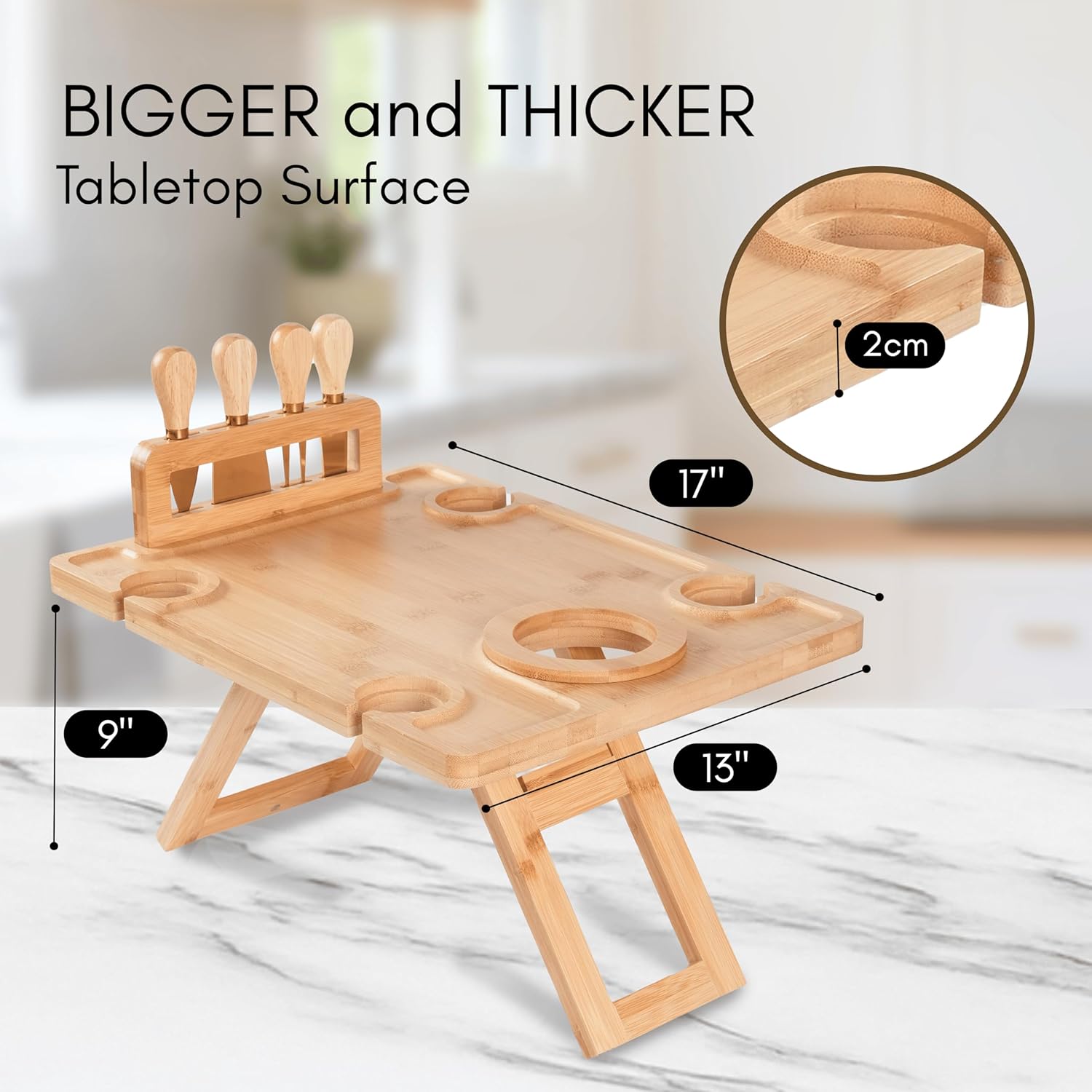 Charcuterie Picnic Table, Portable Wine Charcuterie Table, Outdoor Portable Wine Table, Cheese Lover Gift, Includes 4 Cheese Knives (Gold) and Detachable Cheese Knife Stand