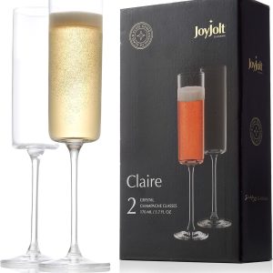 JoyJolt Champagne Flutes, Claire Collection Crystal Champagne Glasses Set of 2, 5.7 Ounce Capacity, Exquisite Craftsmanship, Ideal for Home Bar, Special Occasions Made in Europe